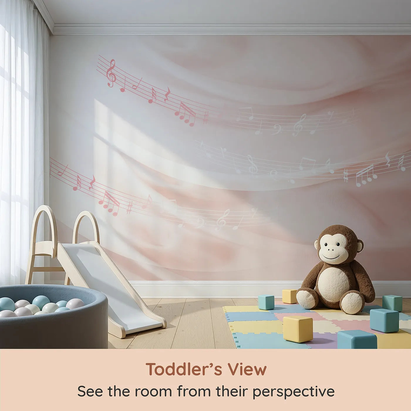 Whimsy Tots Gentle Melody Wall Mural in Pink (Turn Their Room into a Soft and Soothing Symphony) from your child's view.Best for Girls