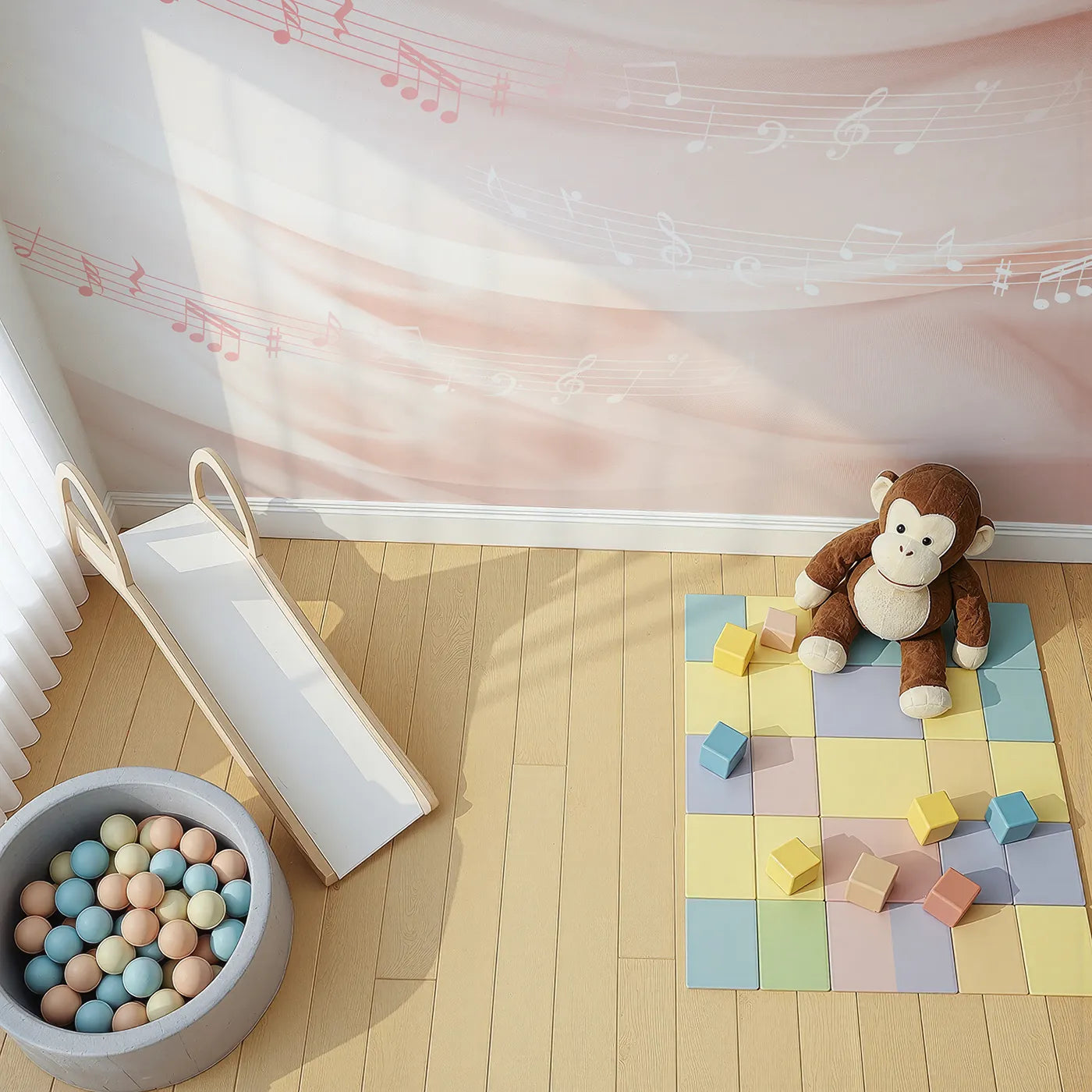 Top-down view of Whimsy Tots' Gentle Melody Wall Mural in Pink (Turn Their Room into a Soft and Soothing Symphony).Best for Girls