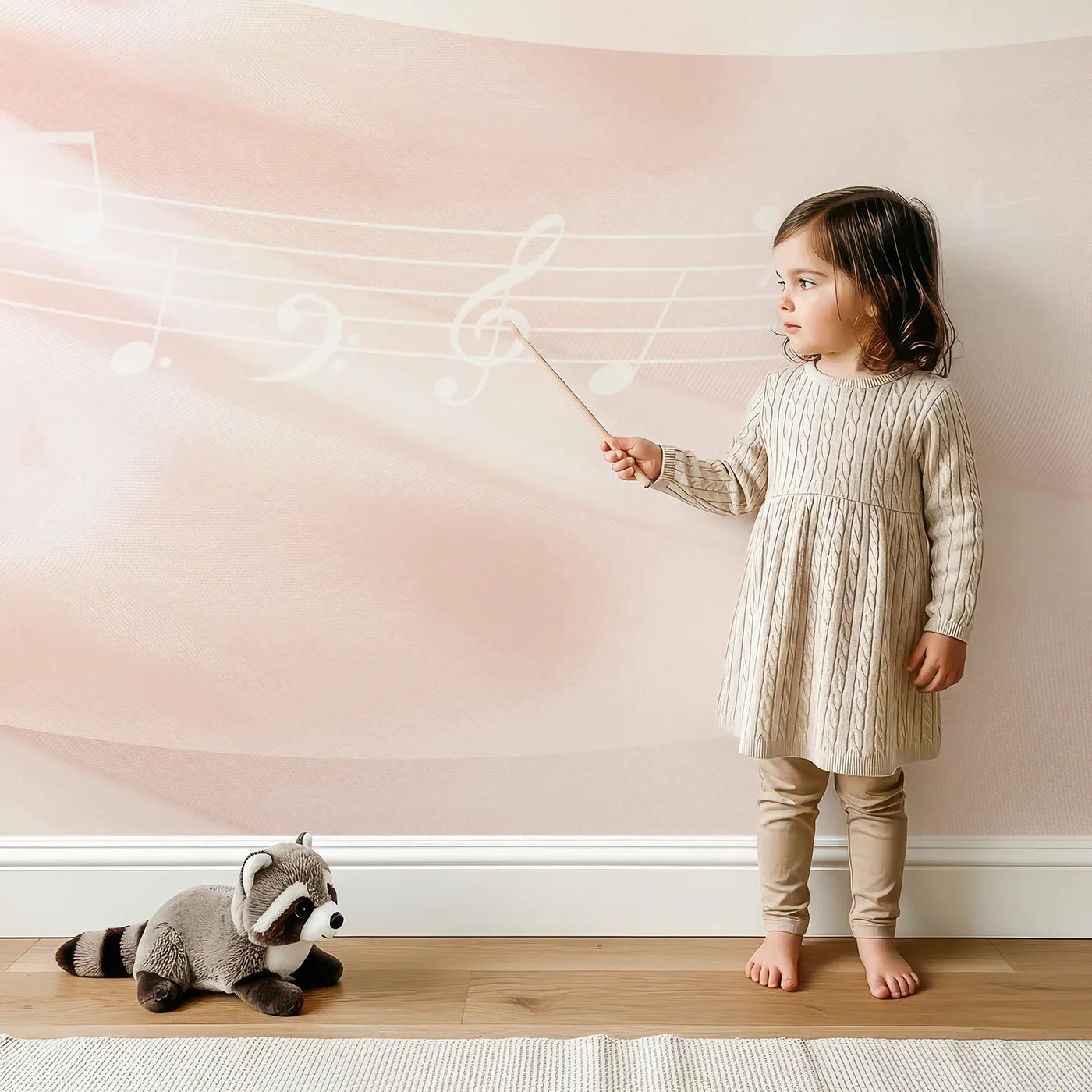 Child in front of Whimsy Tots Gentle Melody Wall Mural in Pink with music, note, pink, silk, soft, melody, romantic, gentle in design.