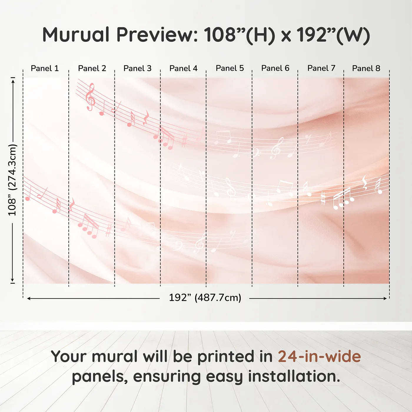 Whimsy Tots Gentle Melody Wall Mural in Pinkdimension view (108" H x 192" W). Printed in eight 24-inch-wide panels. Best for Girls