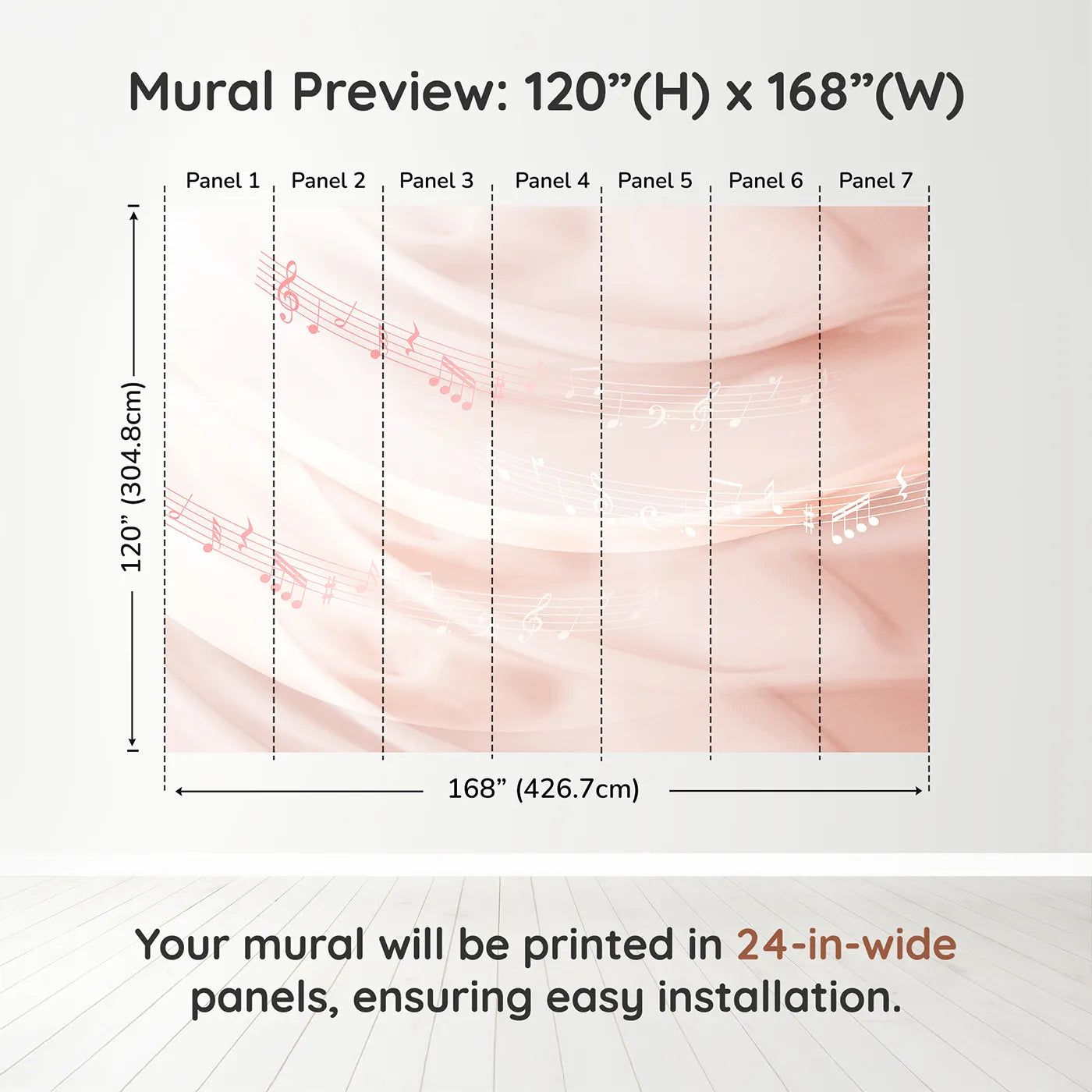 Whimsy Tots Gentle Melody Wall Mural in Pinkdimension view (120" H x 168" W). Printed in seven 24-inch-wide panels. Best for Girls