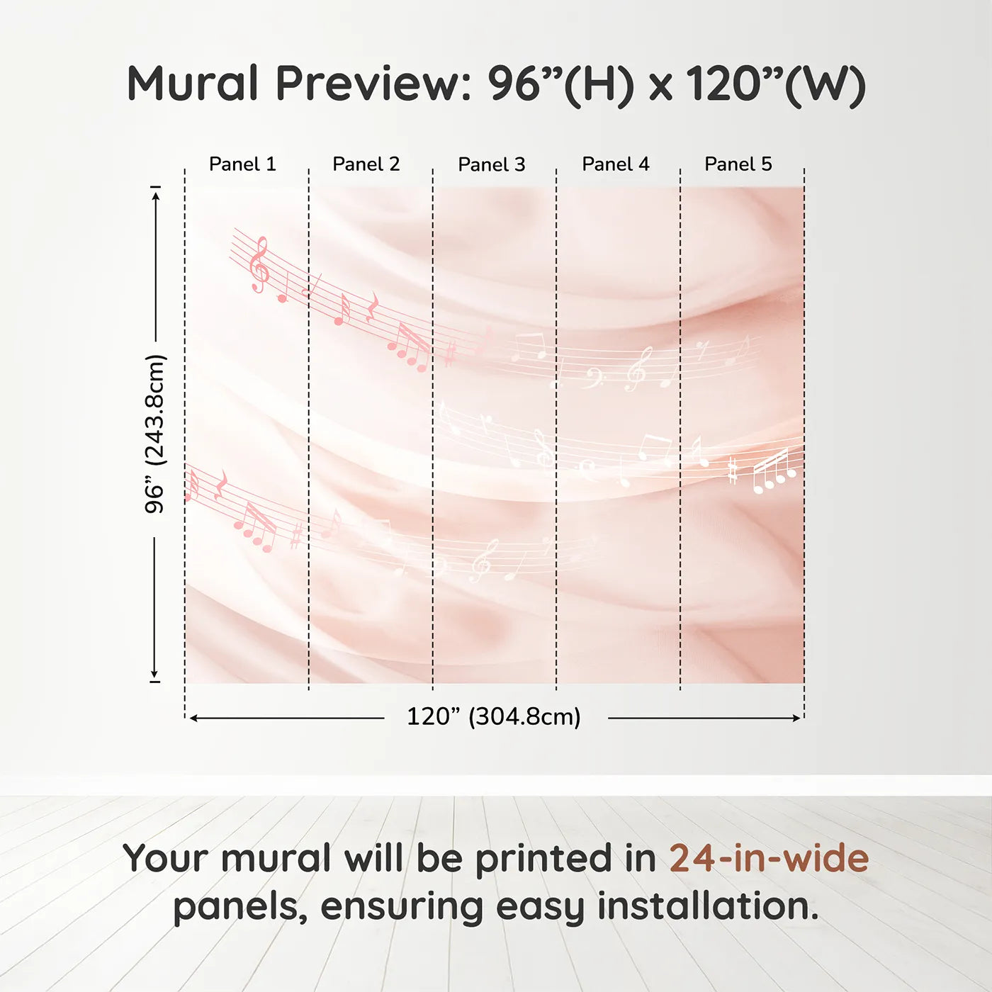 Whimsy Tots Gentle Melody Wall Mural in Pinkdimension view (96" H x 120" W). Printed in five 24-inch-wide panels. Best for Girls