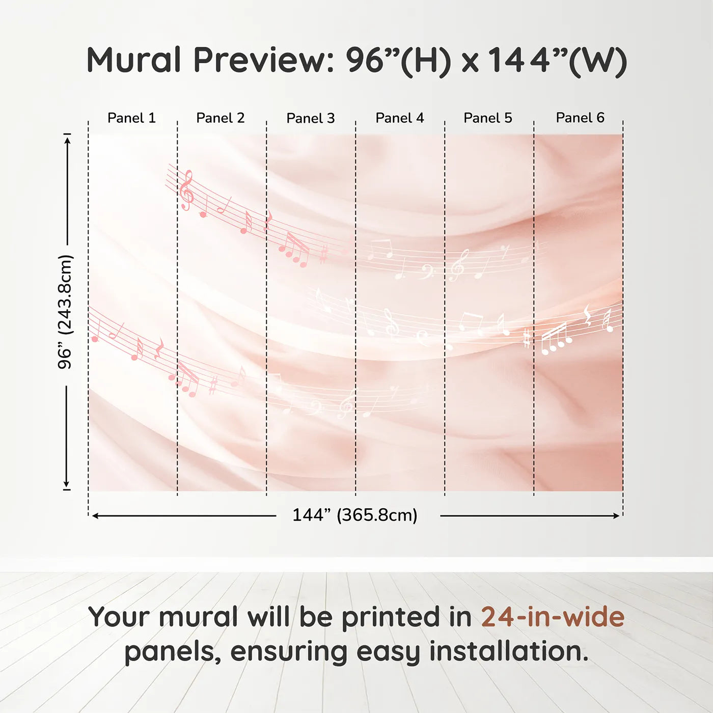 Whimsy Tots Gentle Melody Wall Mural in Pinkdimension view (96" H x 144" W). Printed in six 24-inch-wide panels. Best for Girls