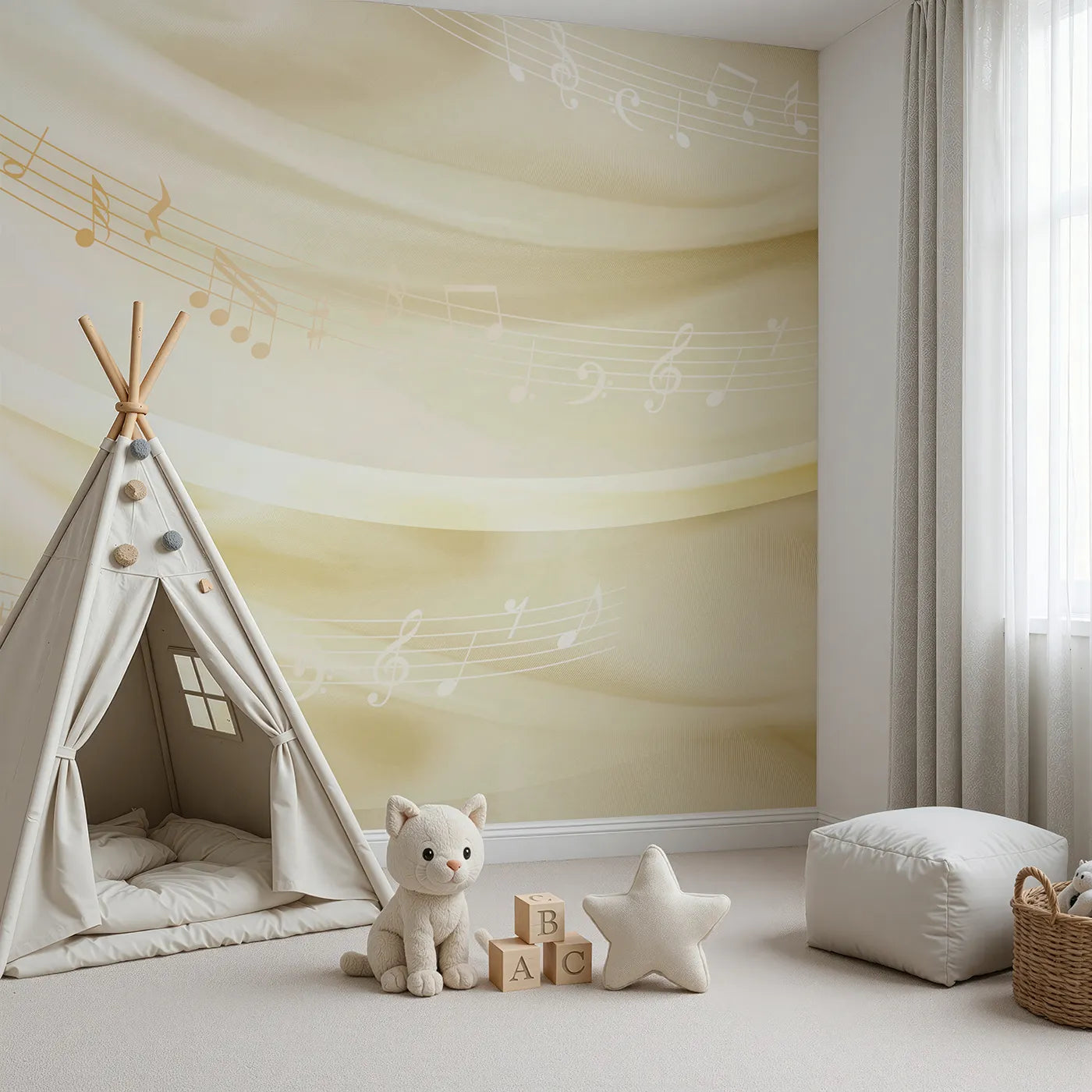 Angled view of Whimsy Tots' Gentle Melody Wall Mural in Gold (Turn Their Room into a Soft and Soothing Symphony).Gender-Neutral