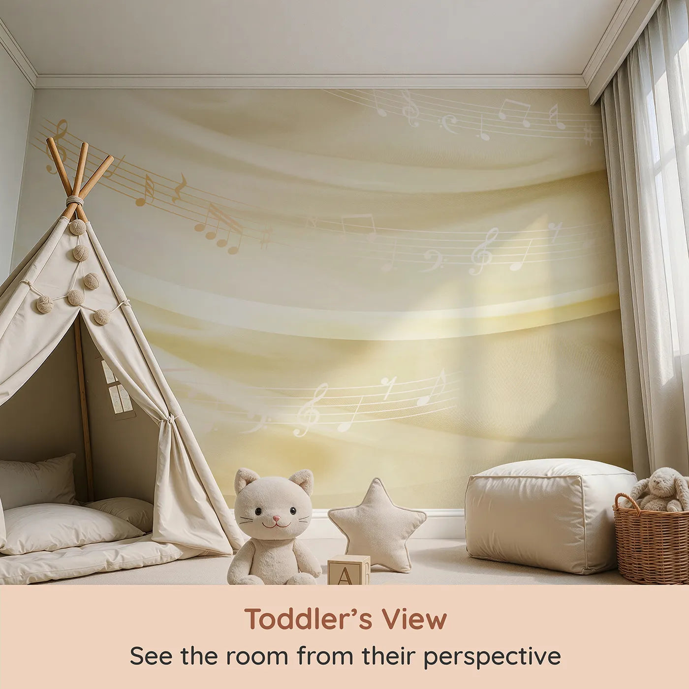 Whimsy Tots Gentle Melody Wall Mural in Gold (Turn Their Room into a Soft and Soothing Symphony) from your child's view.Gender-Neutral