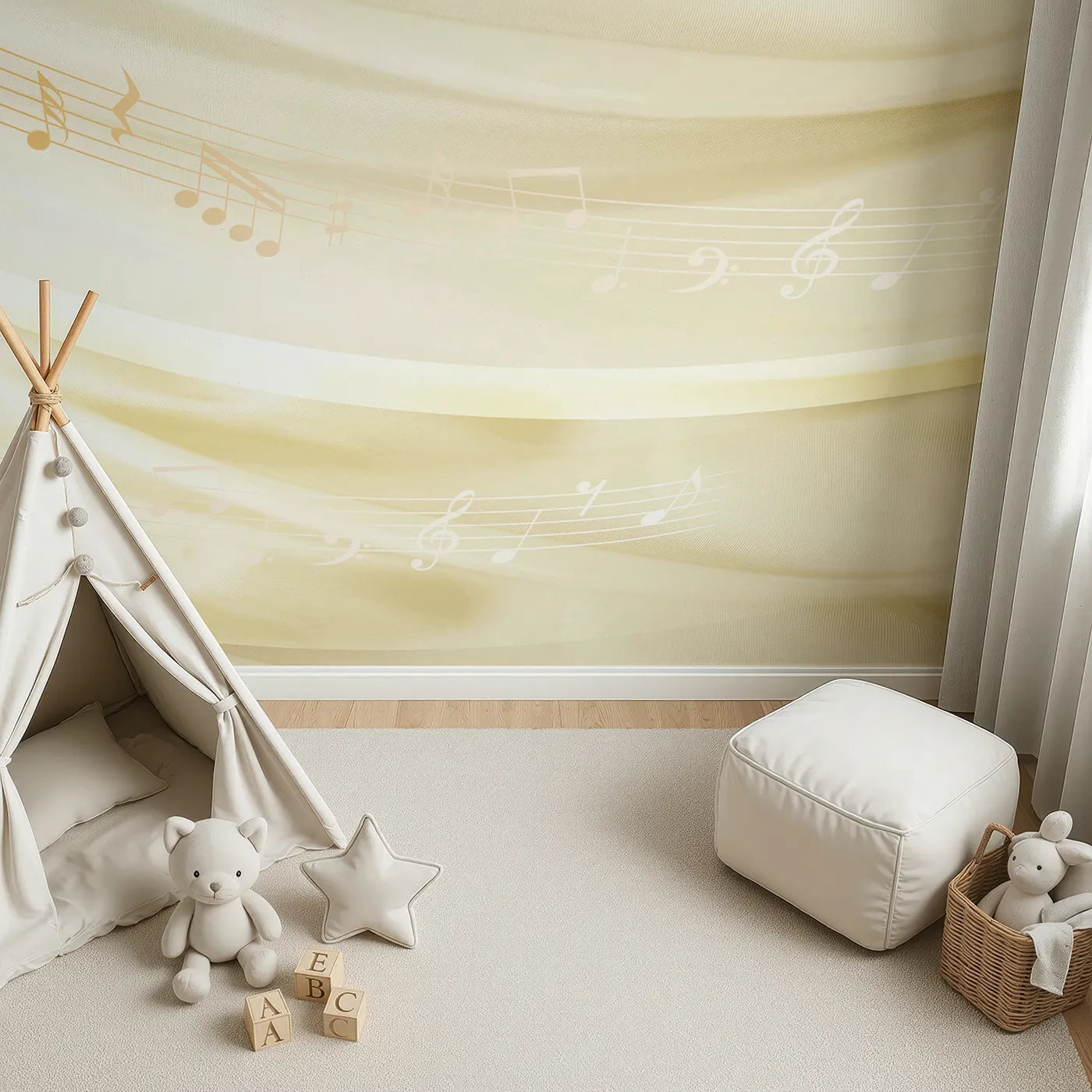 Top-down view of Whimsy Tots' Gentle Melody Wall Mural in Gold (Turn Their Room into a Soft and Soothing Symphony).Gender-Neutral
