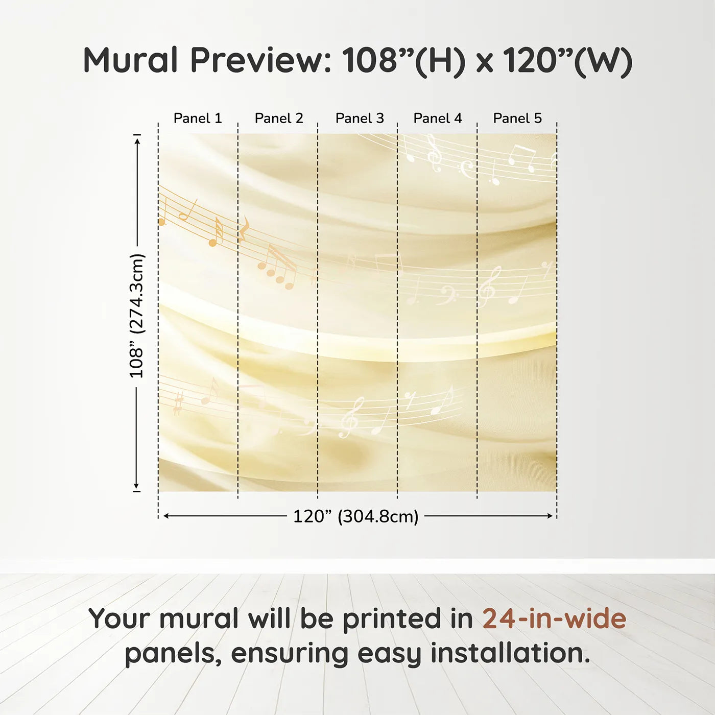 Whimsy Tots Gentle Melody Wall Mural in Golddimension view (108" H x 120" W). Printed in five 24-inch-wide panels. Gender-Neutral