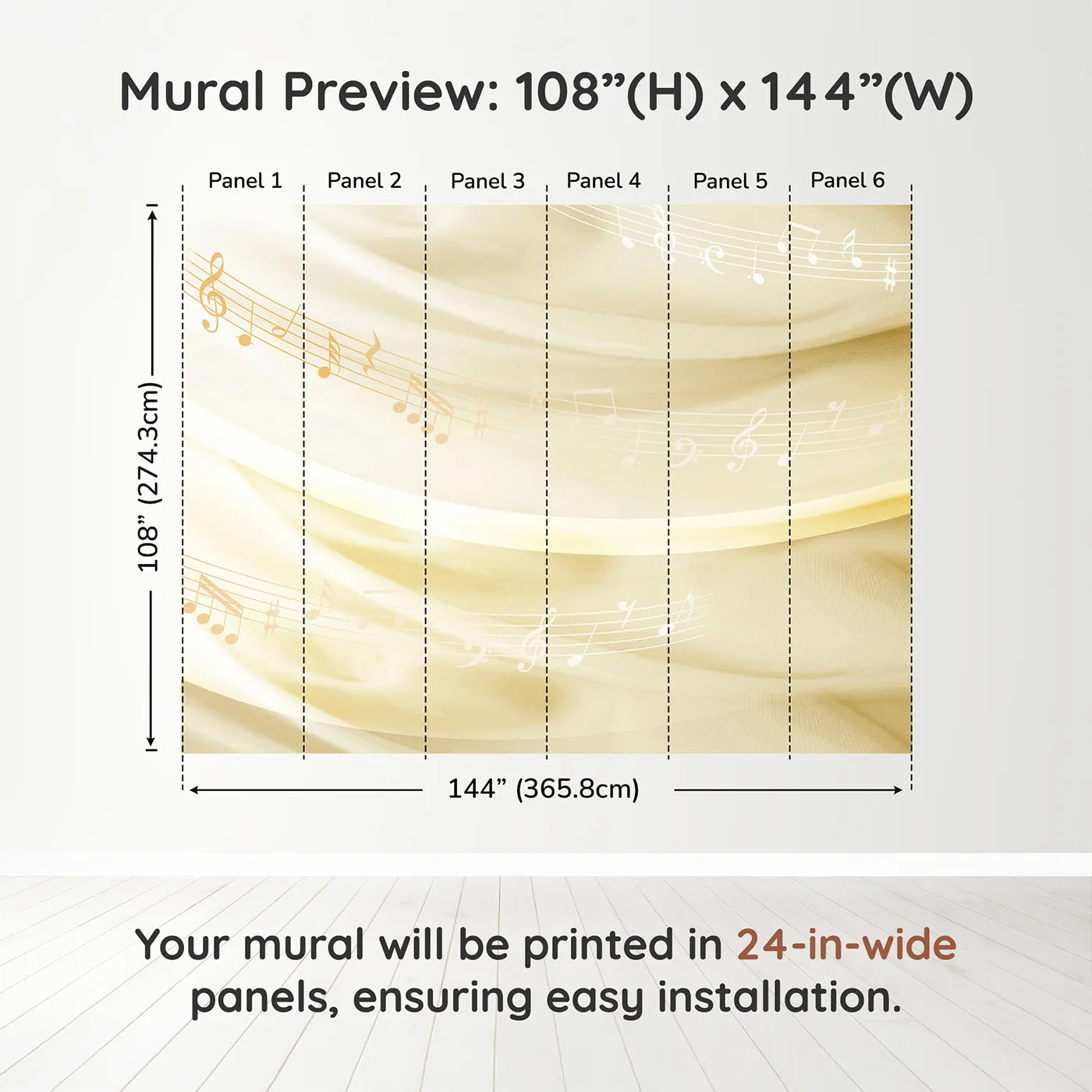 Whimsy Tots Gentle Melody Wall Mural in Golddimension view (108" H x 144" W). Printed in six 24-inch-wide panels. Gender-Neutral