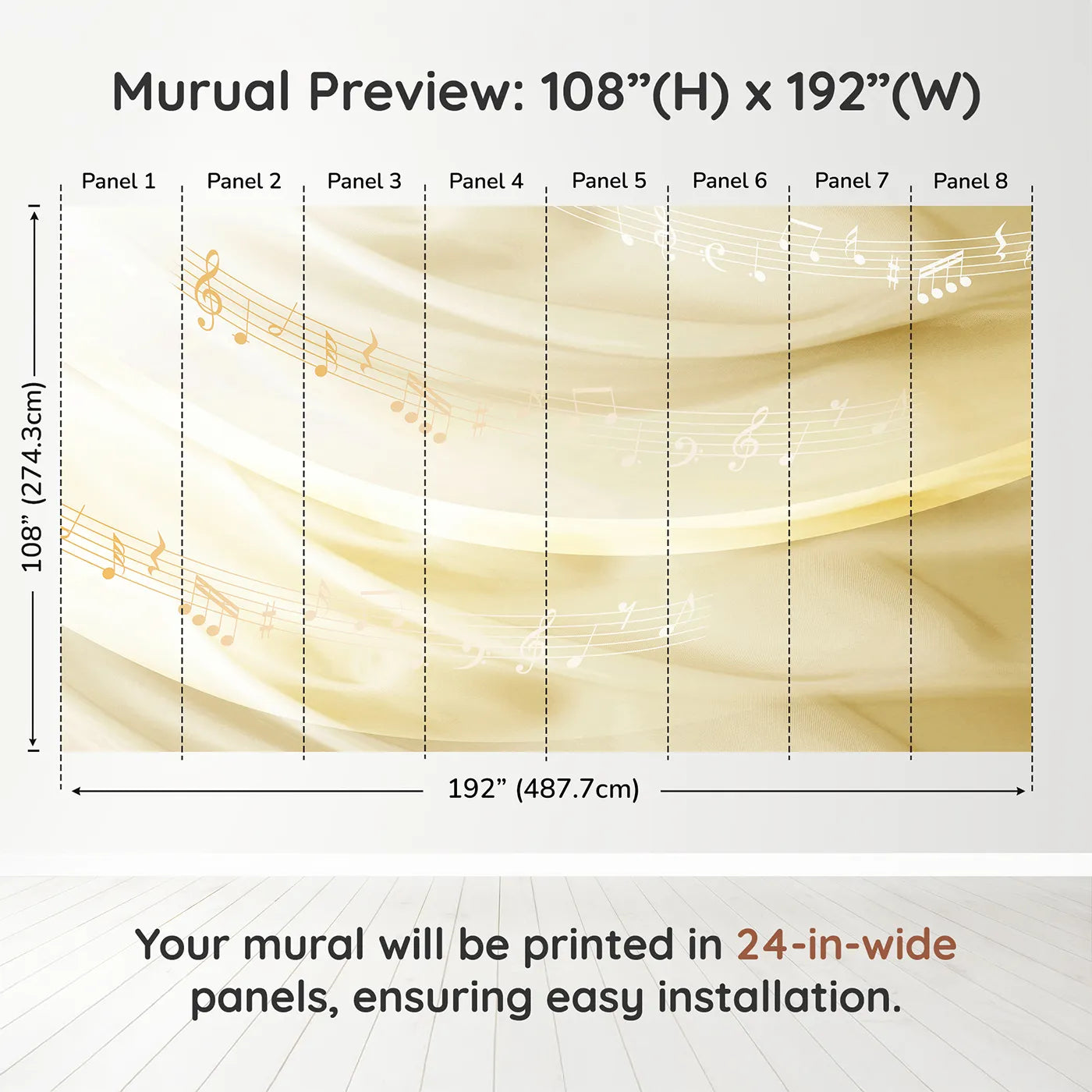 Whimsy Tots Gentle Melody Wall Mural in Golddimension view (108" H x 192" W). Printed in eight 24-inch-wide panels. Gender-Neutral