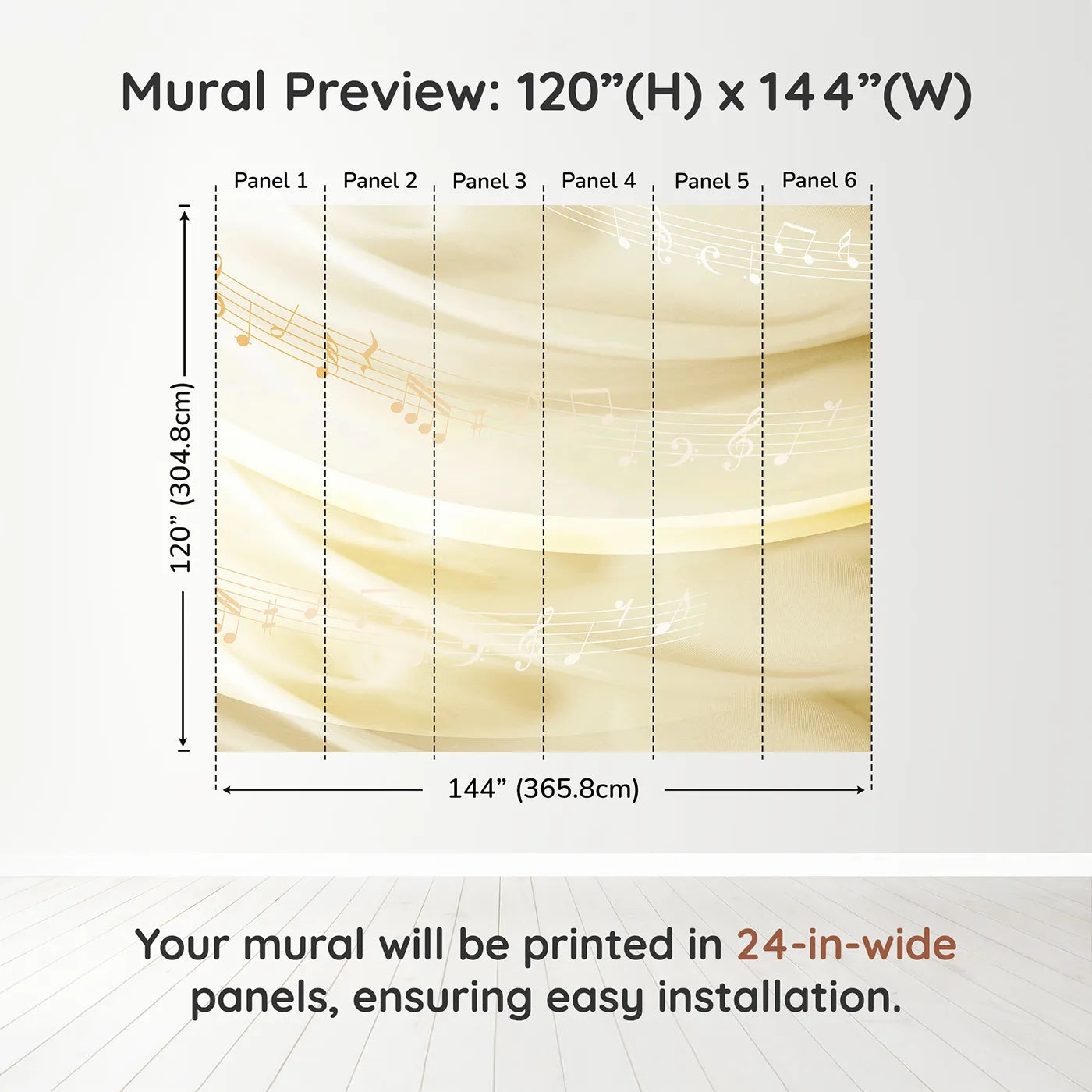 Whimsy Tots Gentle Melody Wall Mural in Golddimension view (120" H x 144" W). Printed in six 24-inch-wide panels. Gender-Neutral