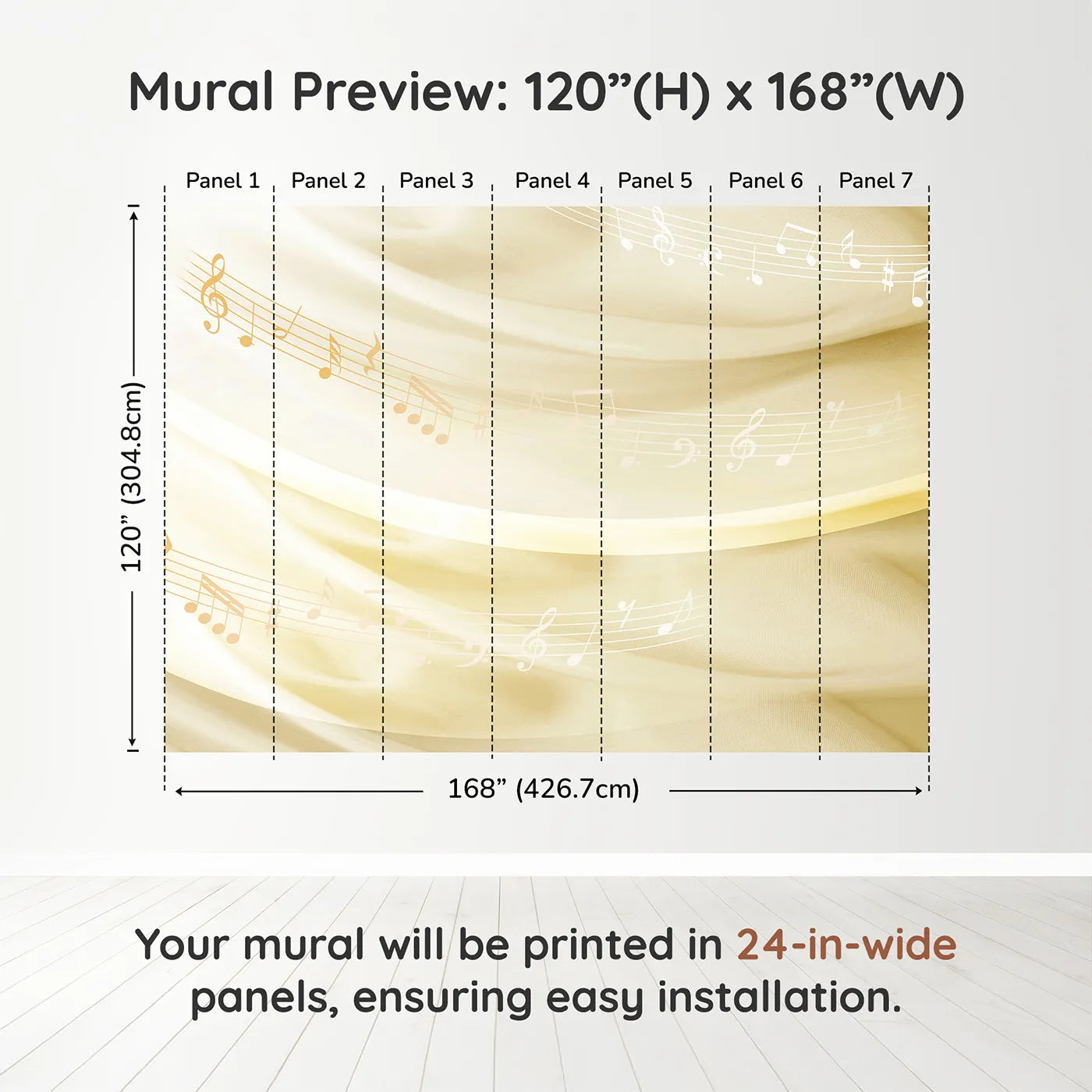 Whimsy Tots Gentle Melody Wall Mural in Golddimension view (120" H x 168" W). Printed in seven 24-inch-wide panels. Gender-Neutral