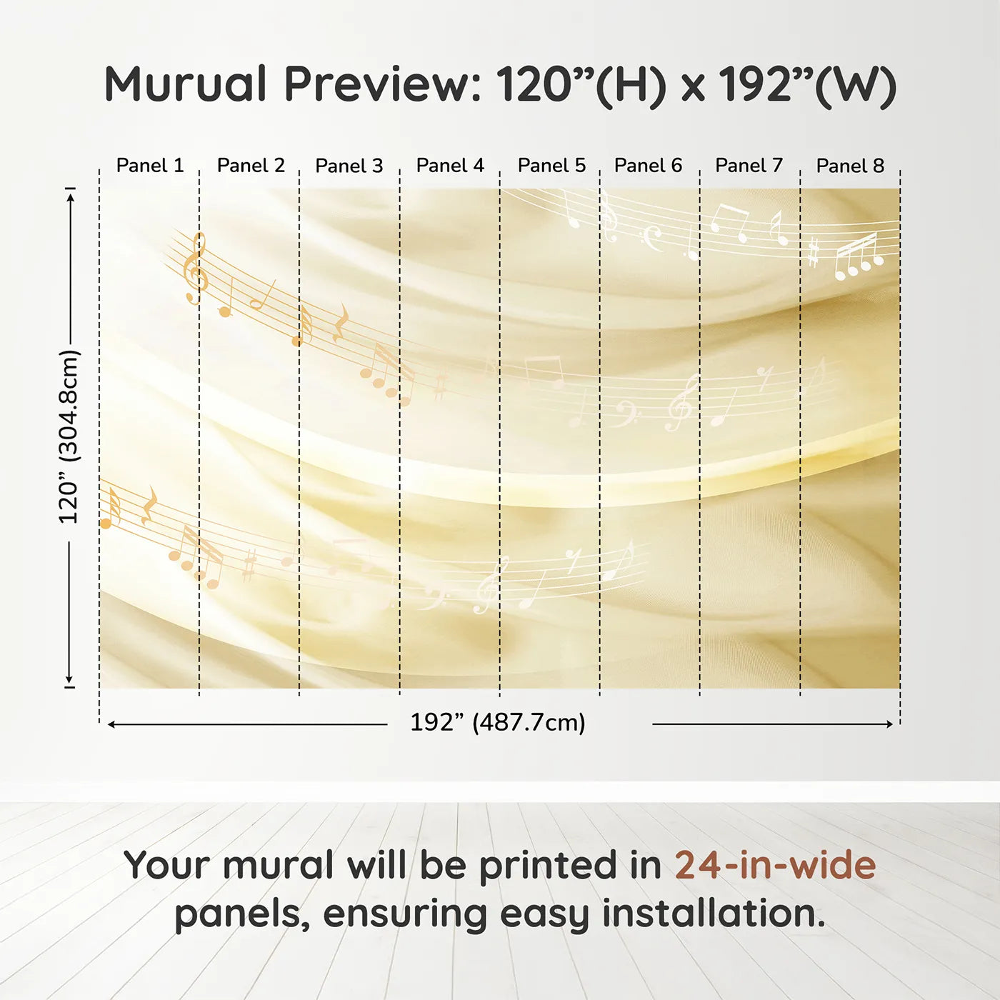 Whimsy Tots Gentle Melody Wall Mural in Golddimension view (120" H x 192" W). Printed in eight 24-inch-wide panels. Gender-Neutral