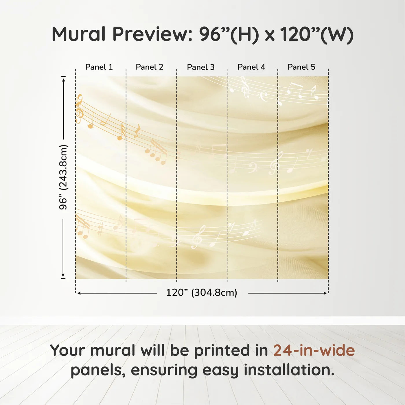 Whimsy Tots Gentle Melody Wall Mural in Golddimension view (96" H x 120" W). Printed in five 24-inch-wide panels. Gender-Neutral