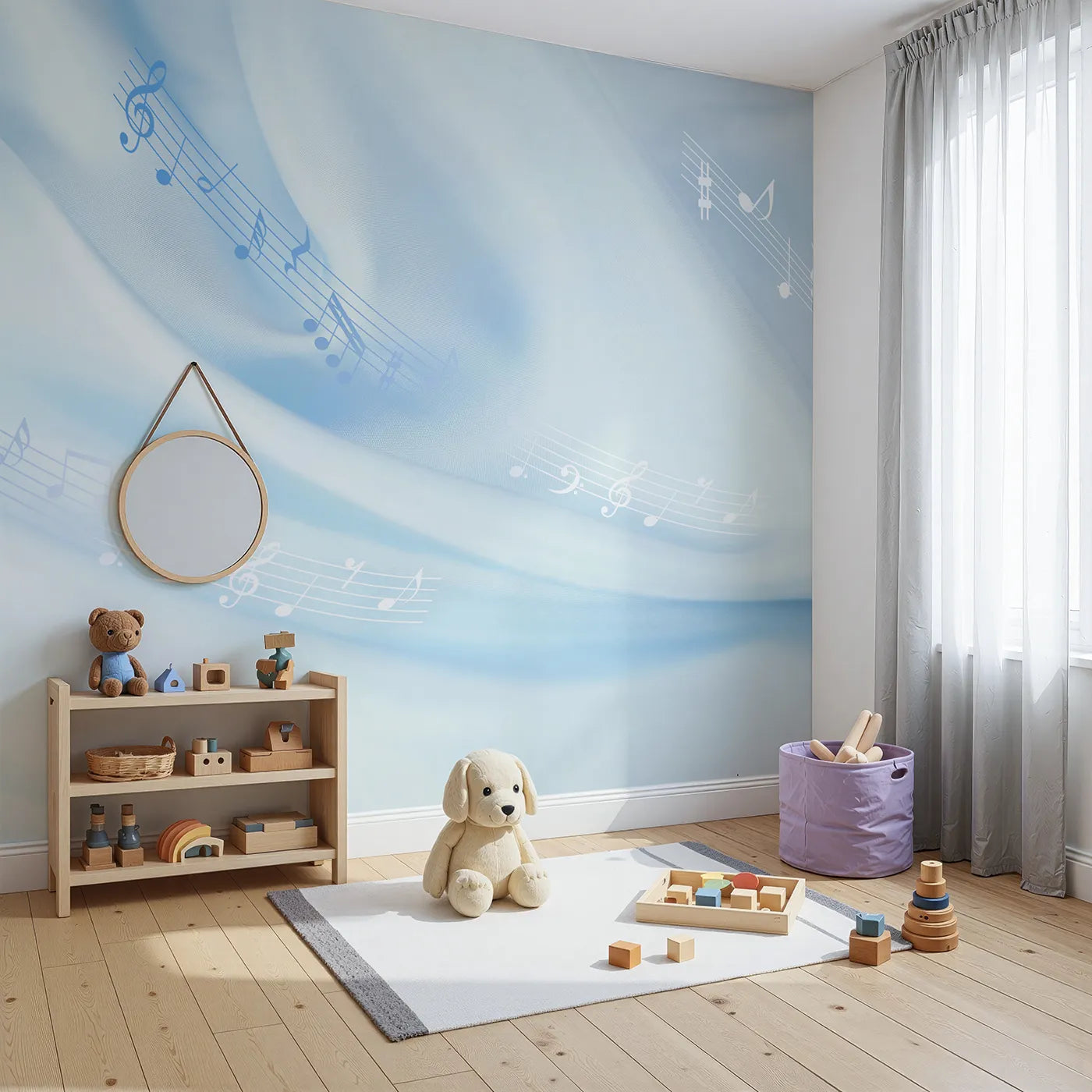 Angled view of Whimsy Tots' Gentle Melody Wall Mural in Blue (Turn Their Room into a Soft and Soothing Symphony).Gender-Neutral