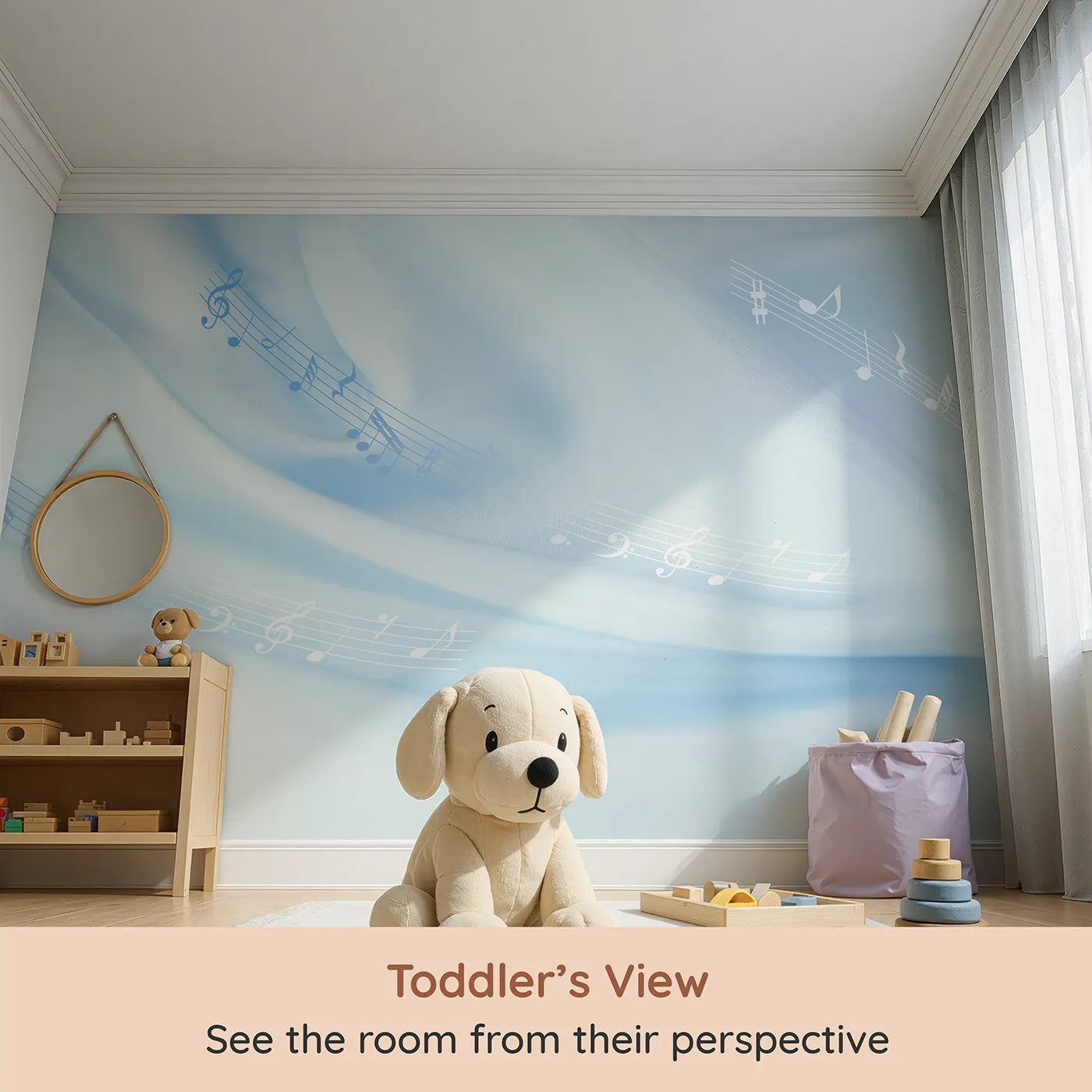 Whimsy Tots Gentle Melody Wall Mural in Blue (Turn Their Room into a Soft and Soothing Symphony) from your child's view.Gender-Neutral