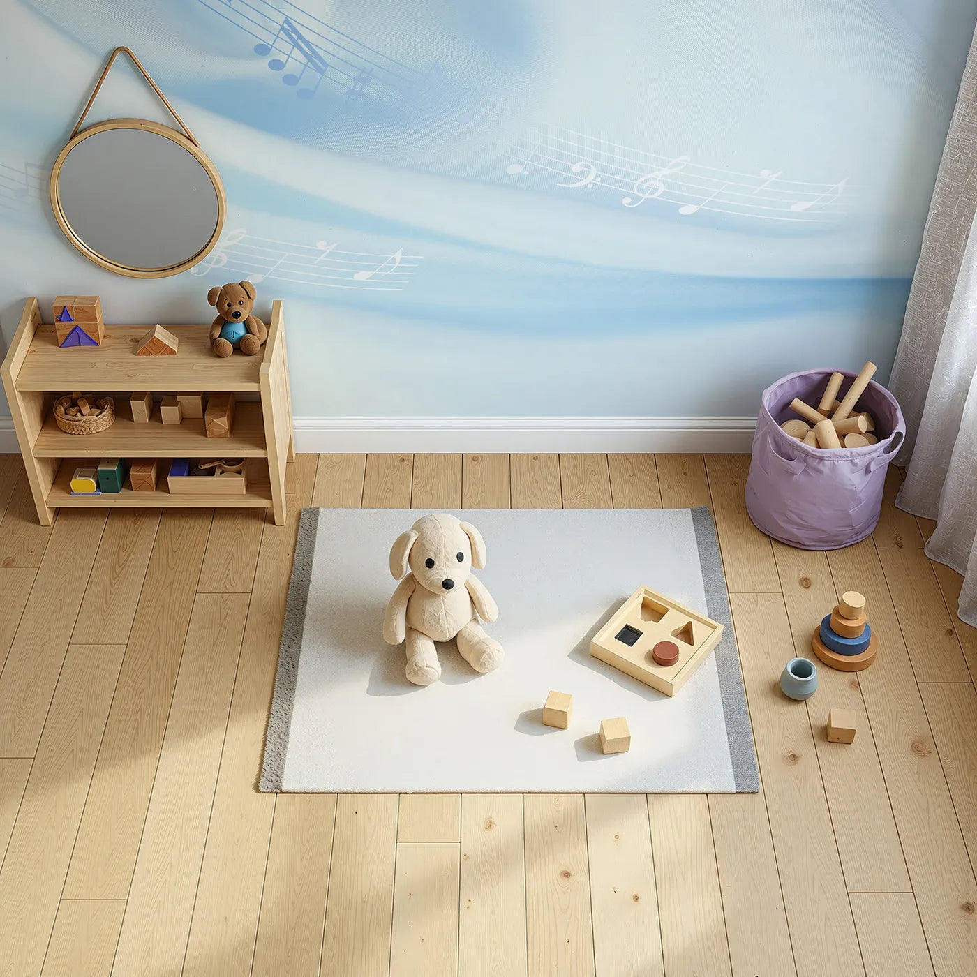 Top-down view of Whimsy Tots' Gentle Melody Wall Mural in Blue (Turn Their Room into a Soft and Soothing Symphony).Gender-Neutral