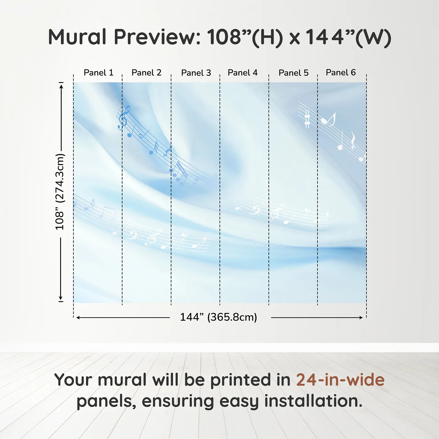Whimsy Tots Gentle Melody Wall Mural in Bluedimension view (108" H x 144" W). Printed in six 24-inch-wide panels. Gender-Neutral