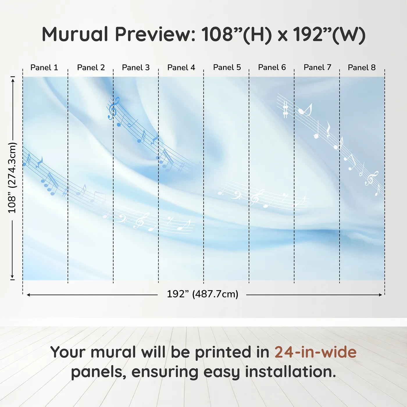 Whimsy Tots Gentle Melody Wall Mural in Bluedimension view (108" H x 192" W). Printed in eight 24-inch-wide panels. Gender-Neutral