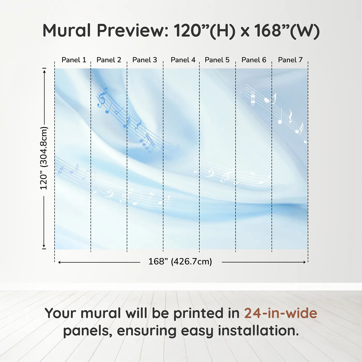 Whimsy Tots Gentle Melody Wall Mural in Bluedimension view (120" H x 168" W). Printed in seven 24-inch-wide panels. Gender-Neutral