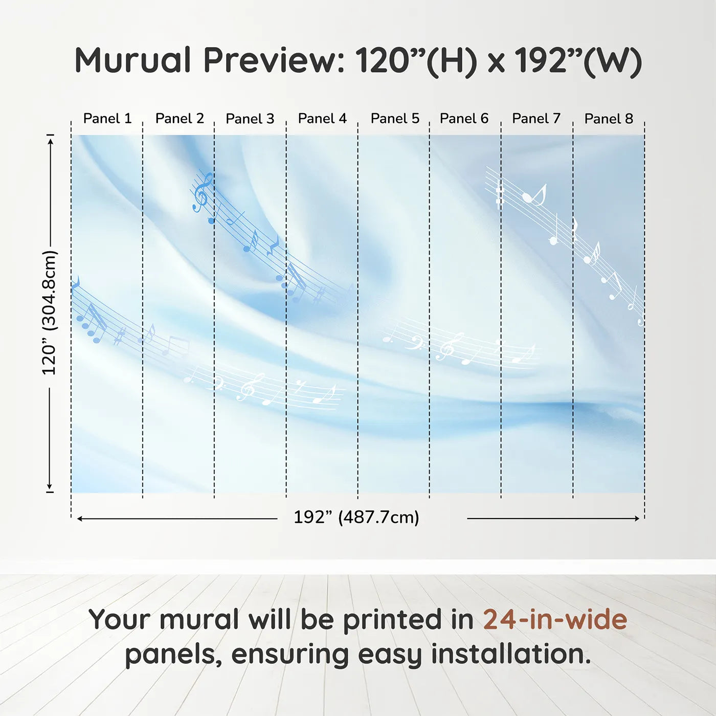 Whimsy Tots Gentle Melody Wall Mural in Bluedimension view (120" H x 192" W). Printed in eight 24-inch-wide panels. Gender-Neutral