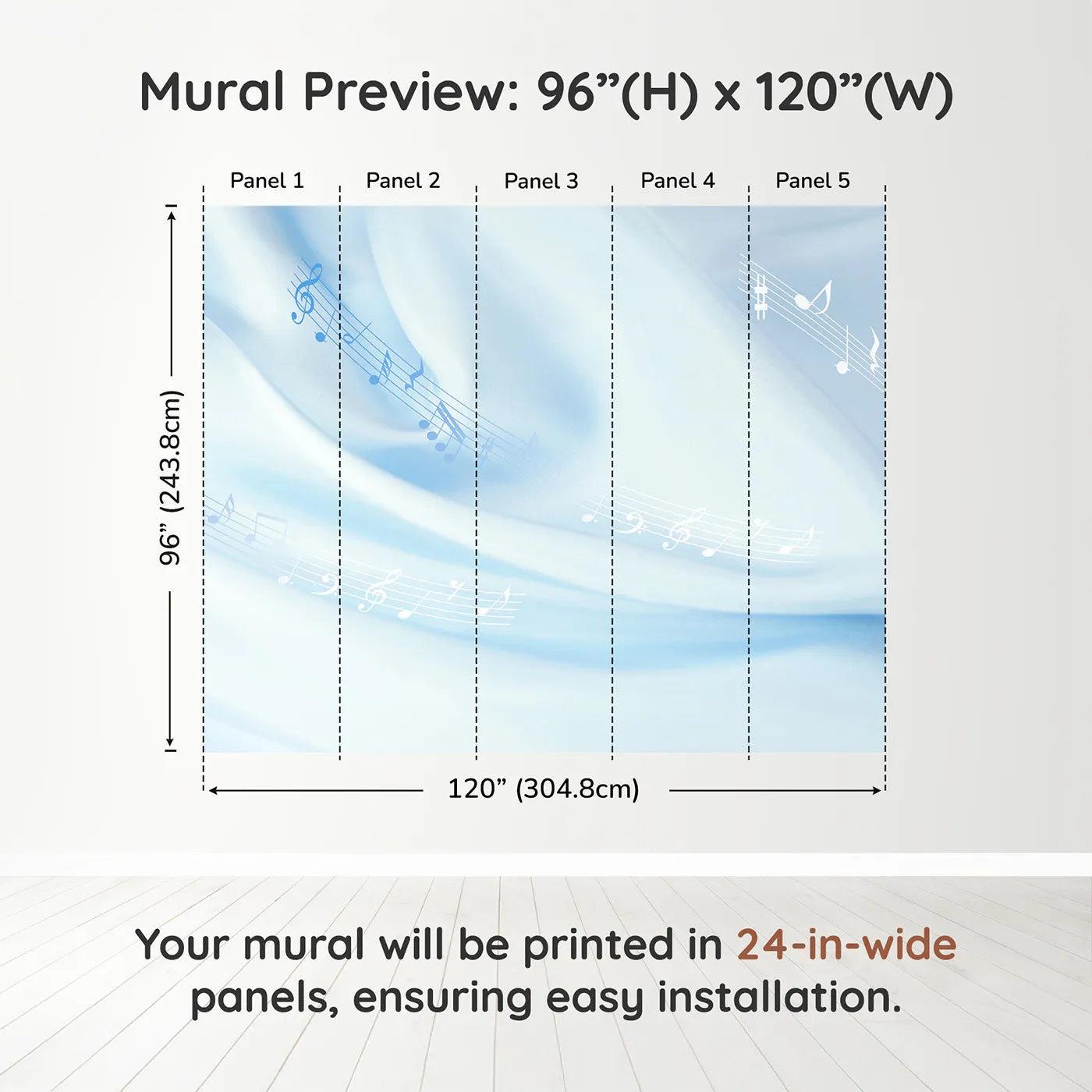 Whimsy Tots Gentle Melody Wall Mural in Bluedimension view (96" H x 120" W). Printed in five 24-inch-wide panels. Gender-Neutral