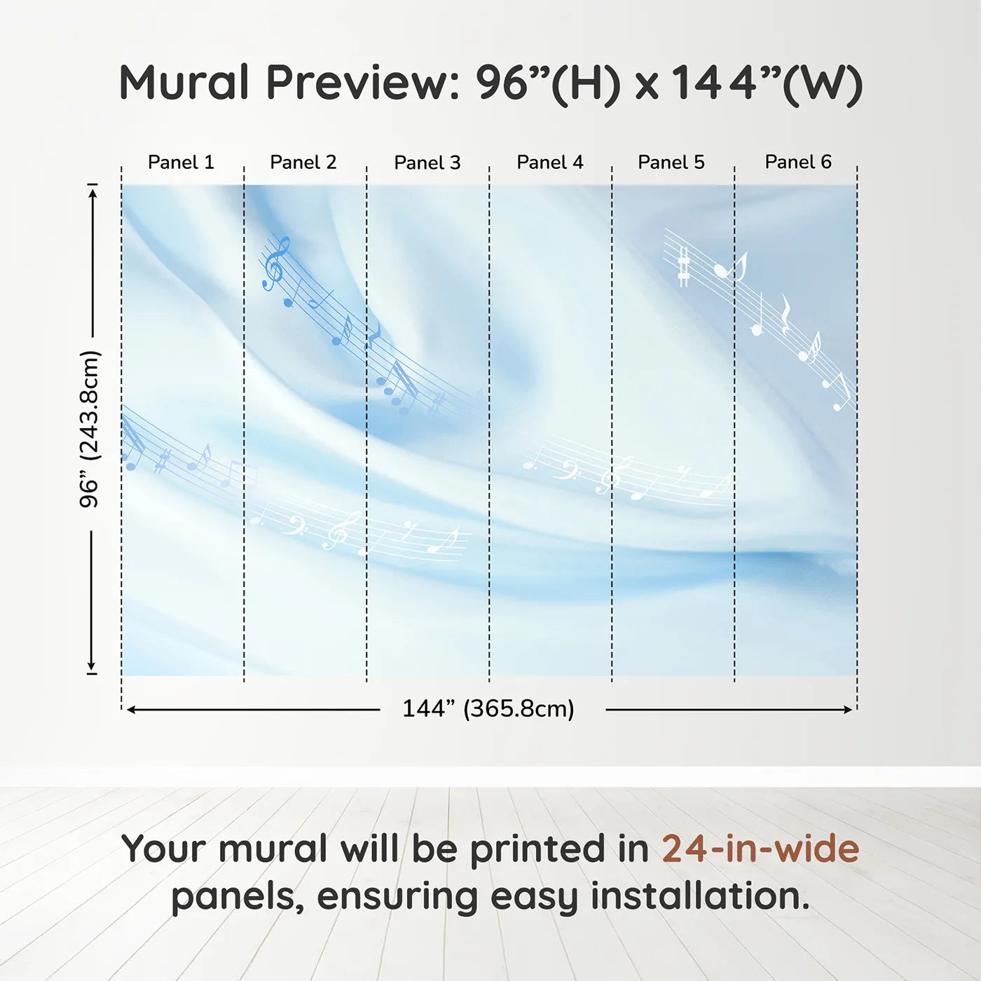 Whimsy Tots Gentle Melody Wall Mural in Bluedimension view (96" H x 144" W). Printed in six 24-inch-wide panels. Gender-Neutral