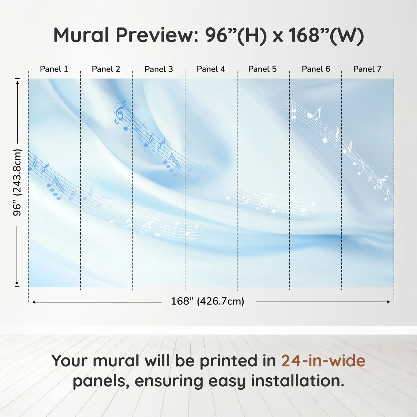 Whimsy Tots Gentle Melody Wall Mural in Bluedimension view (96" H x 168" W). Printed in seven 24-inch-wide panels. Gender-Neutral