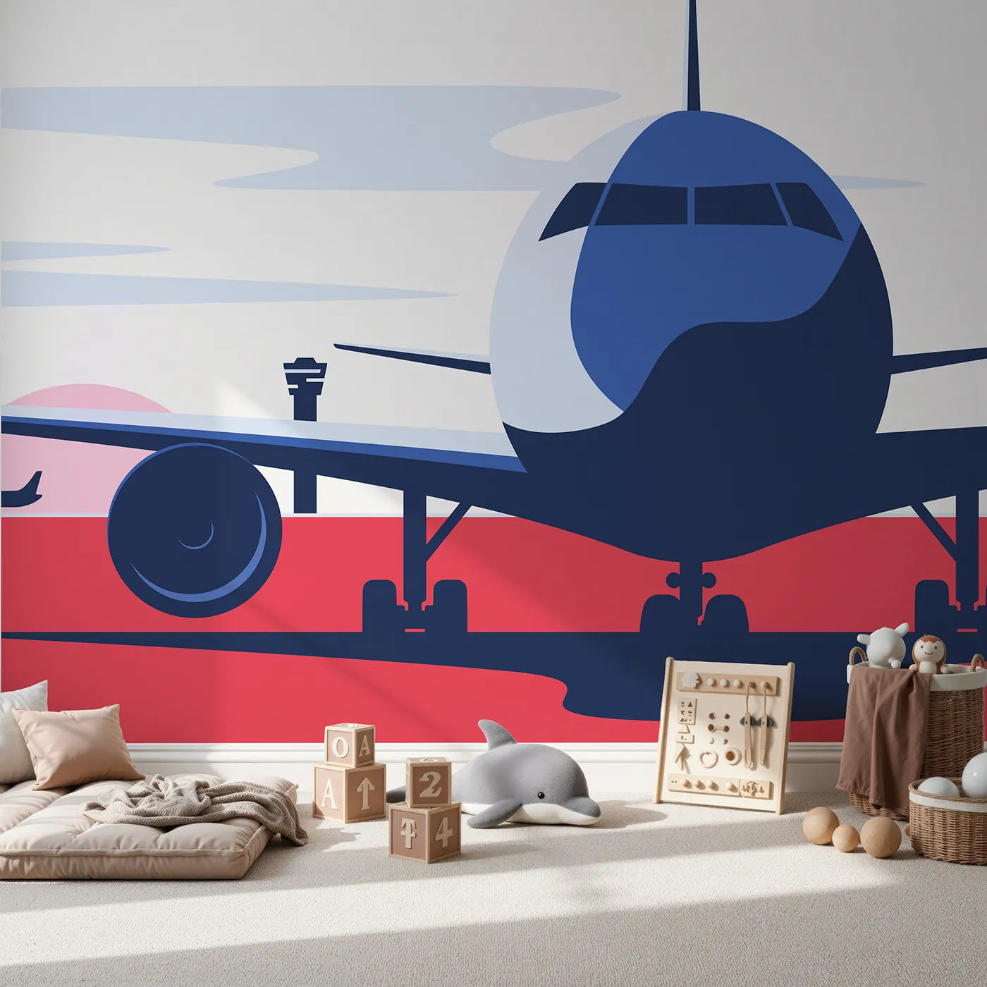 Front view of Whimsy Tots' Retro Airport View Wall Mural in Red