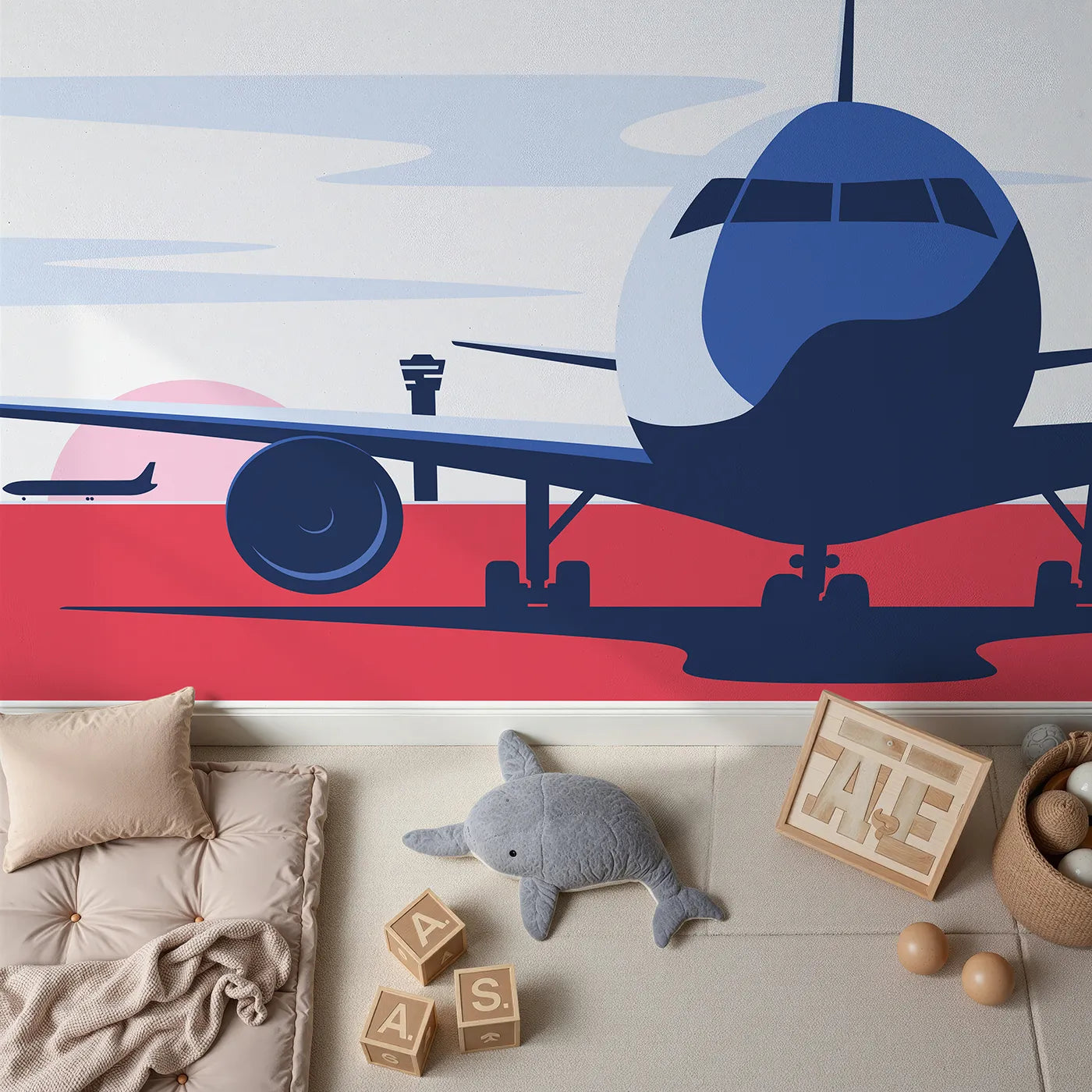 Top-down view of Whimsy Tots' Retro Airport View Wall Mural in Red (Turn Their Room into a Cool, Graphic Travel Hub).Gender-Neutral