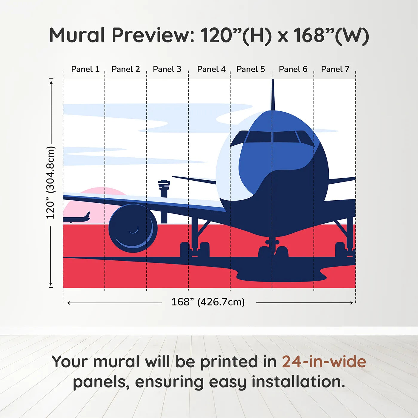 Whimsy Tots Retro Airport View Wall Mural in Reddimension view (120" H x 168" W). Printed in seven 24-inch-wide panels. Gender-Neutral