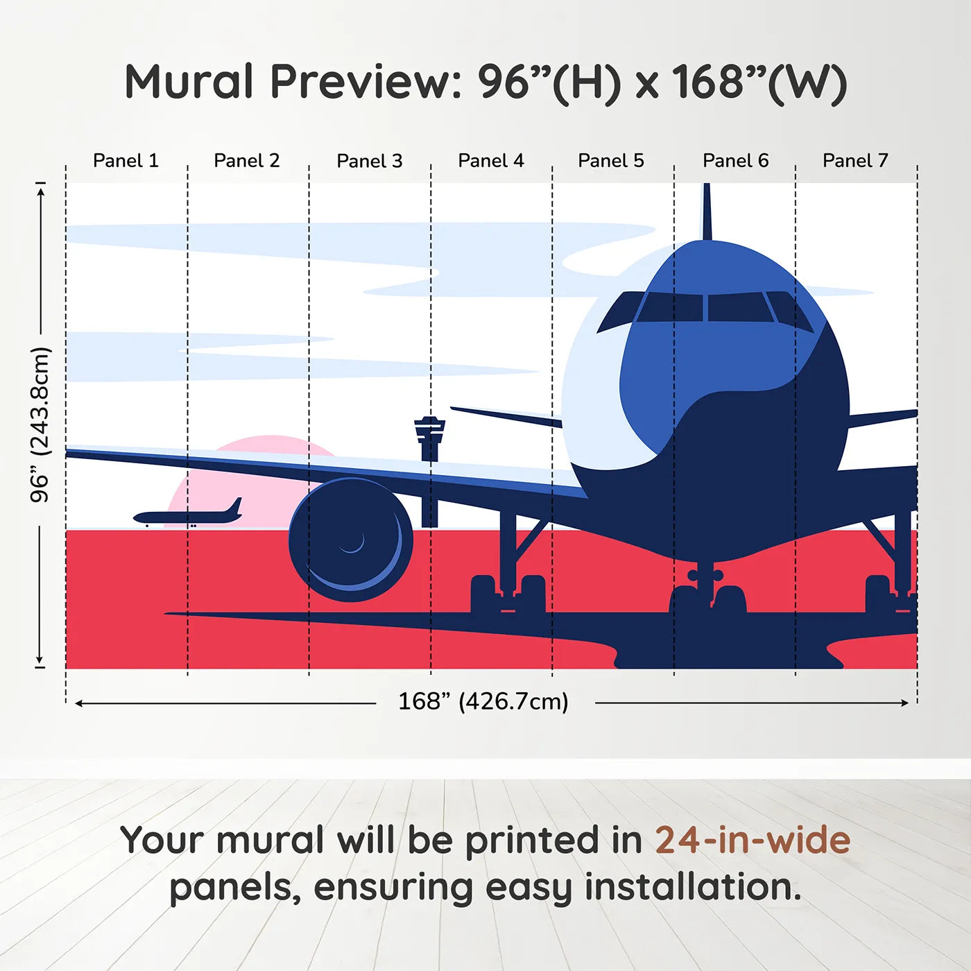 Whimsy Tots Retro Airport View Wall Mural in Reddimension view (96" H x 168" W). Printed in seven 24-inch-wide panels. Gender-Neutral