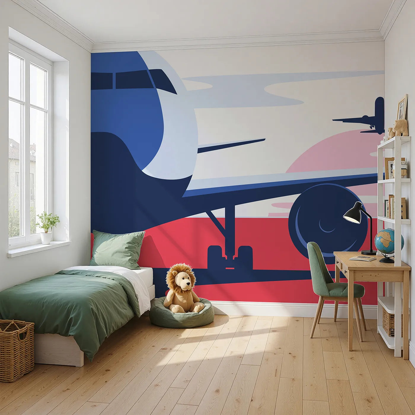 Angled view of Whimsy Tots' Retro Airport View Wall Mural in Pink (Turn Their Room into a Cool, Graphic Travel Hub).Gender-Neutral