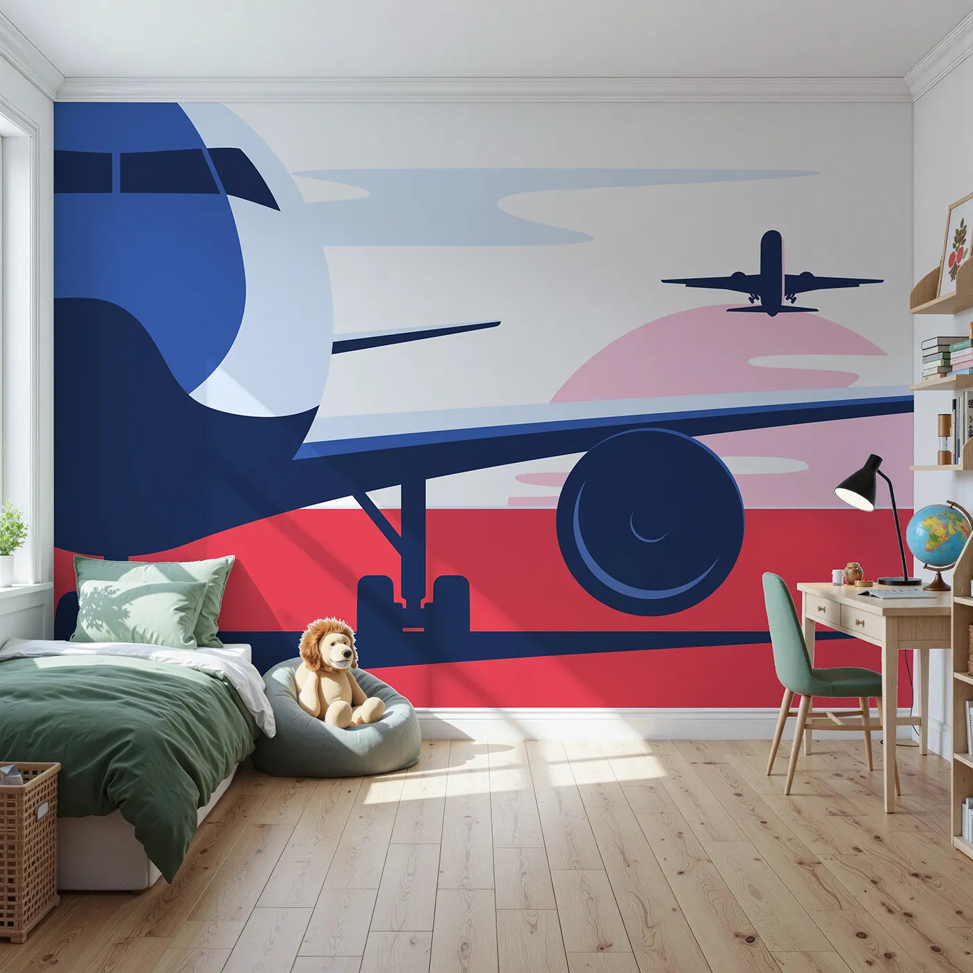 Front view of Whimsy Tots' Retro Airport View Wall Mural in Pink