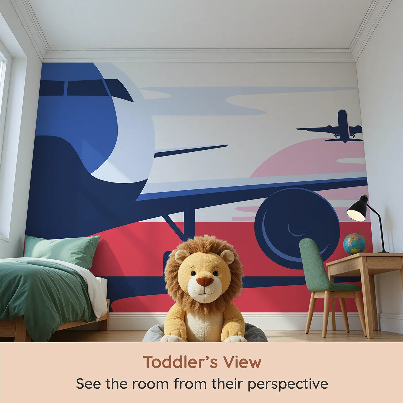 Whimsy Tots Retro Airport View Wall Mural in Pink (Turn Their Room into a Cool, Graphic Travel Hub) from your child's view.Gender-Neutral