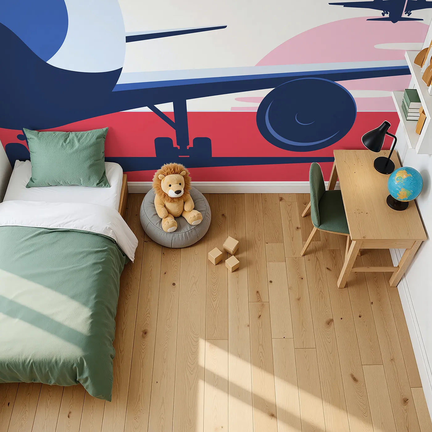 Top-down view of Whimsy Tots' Retro Airport View Wall Mural in Pink (Turn Their Room into a Cool, Graphic Travel Hub).Gender-Neutral