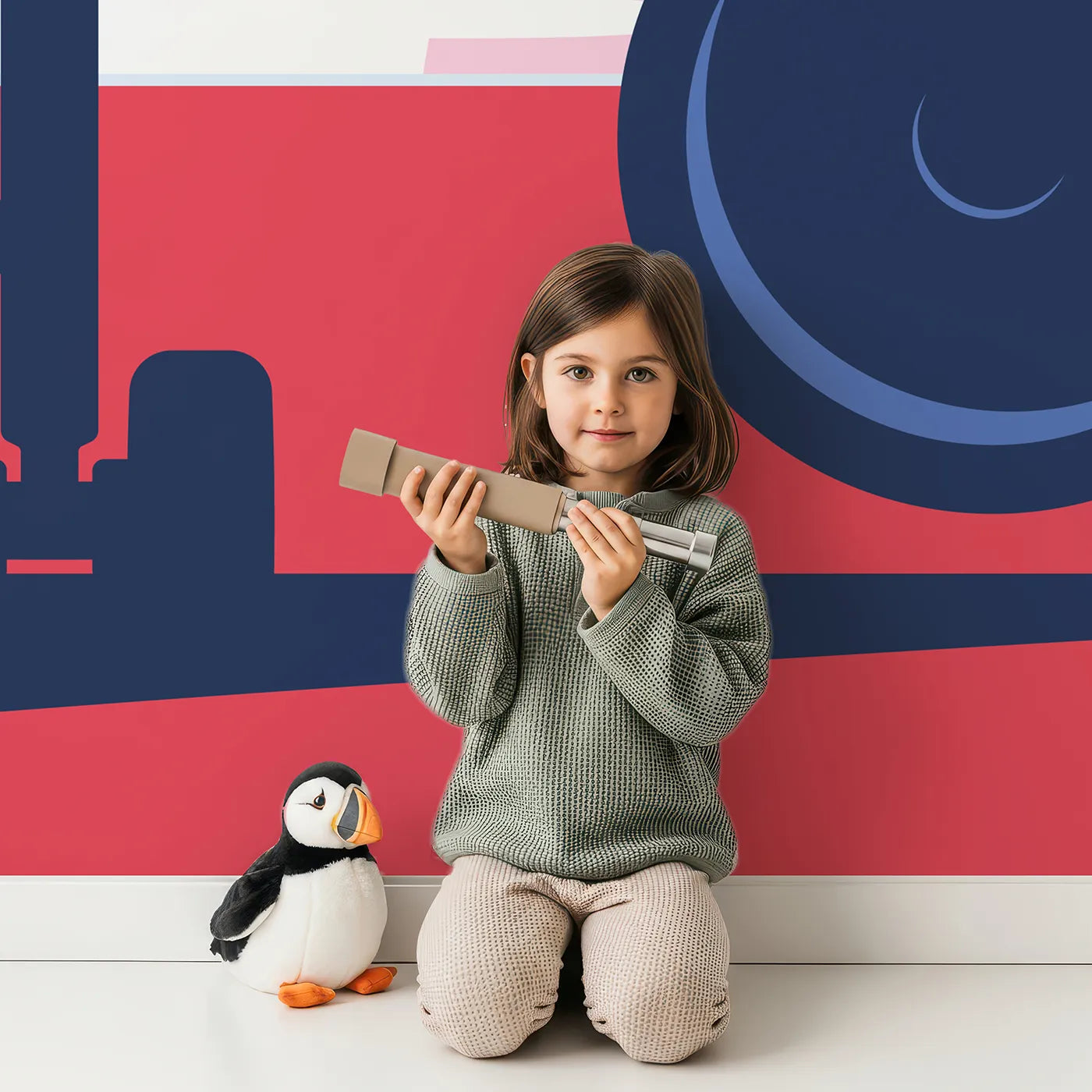 Child in front of Whimsy Tots Retro Airport View Wall Mural in Pink with airplane, airport, plane, travel, retro, red, blue, wing in design.