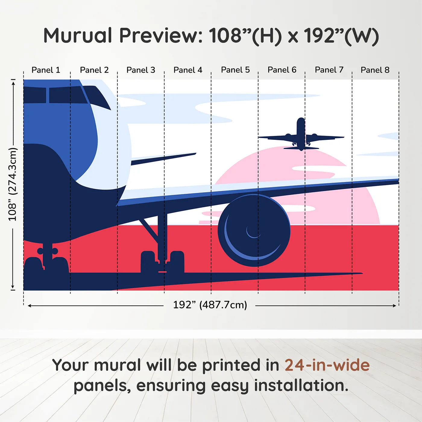 Whimsy Tots Retro Airport View Wall Mural in Pinkdimension view (108" H x 192" W). Printed in eight 24-inch-wide panels. Gender-Neutral