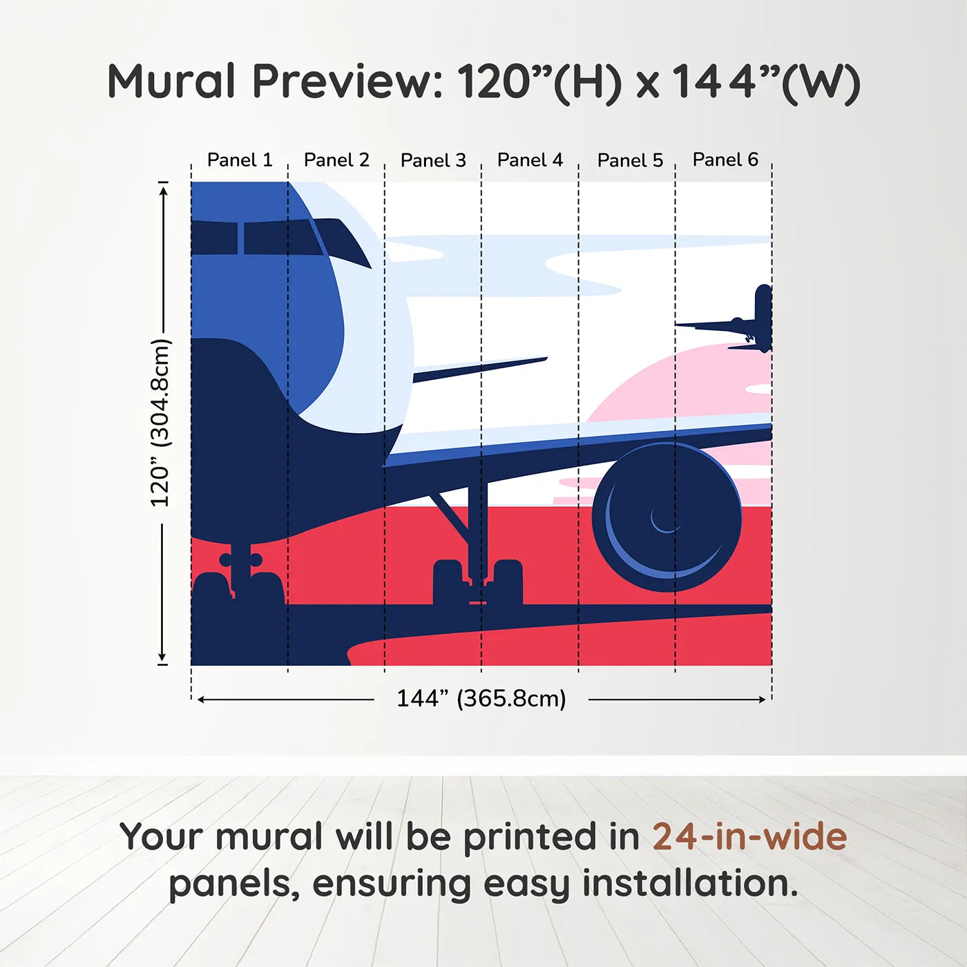 Whimsy Tots Retro Airport View Wall Mural in Pinkdimension view (120" H x 144" W). Printed in six 24-inch-wide panels. Gender-Neutral