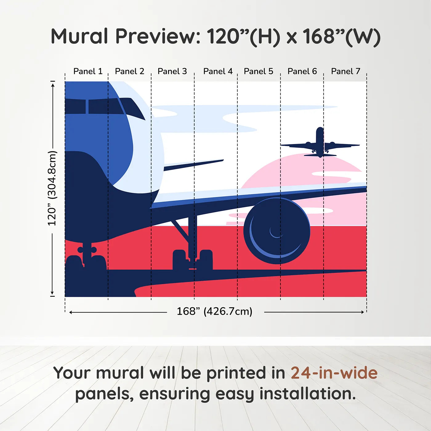 Whimsy Tots Retro Airport View Wall Mural in Pinkdimension view (120" H x 168" W). Printed in seven 24-inch-wide panels. Gender-Neutral
