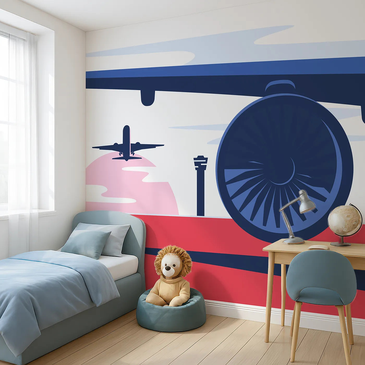 Angled view of Whimsy Tots' Retro Airport View Wall Mural (Turn Their Room into a Cool, Graphic Travel Hub).Gender-Neutral