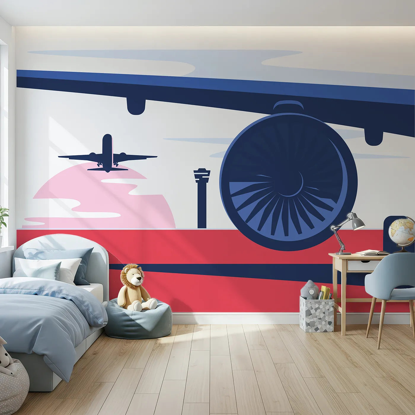 Front view of Whimsy Tots' Retro Airport View Wall Mural
