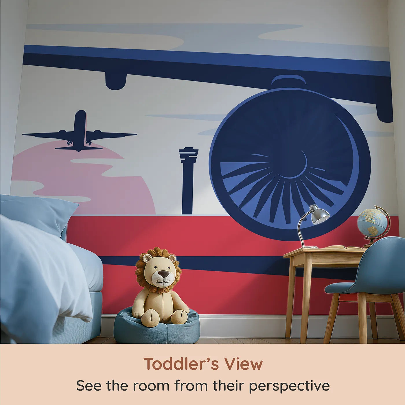 Whimsy Tots Retro Airport View Wall Mural (Turn Their Room into a Cool, Graphic Travel Hub) from your child's view.Gender-Neutral