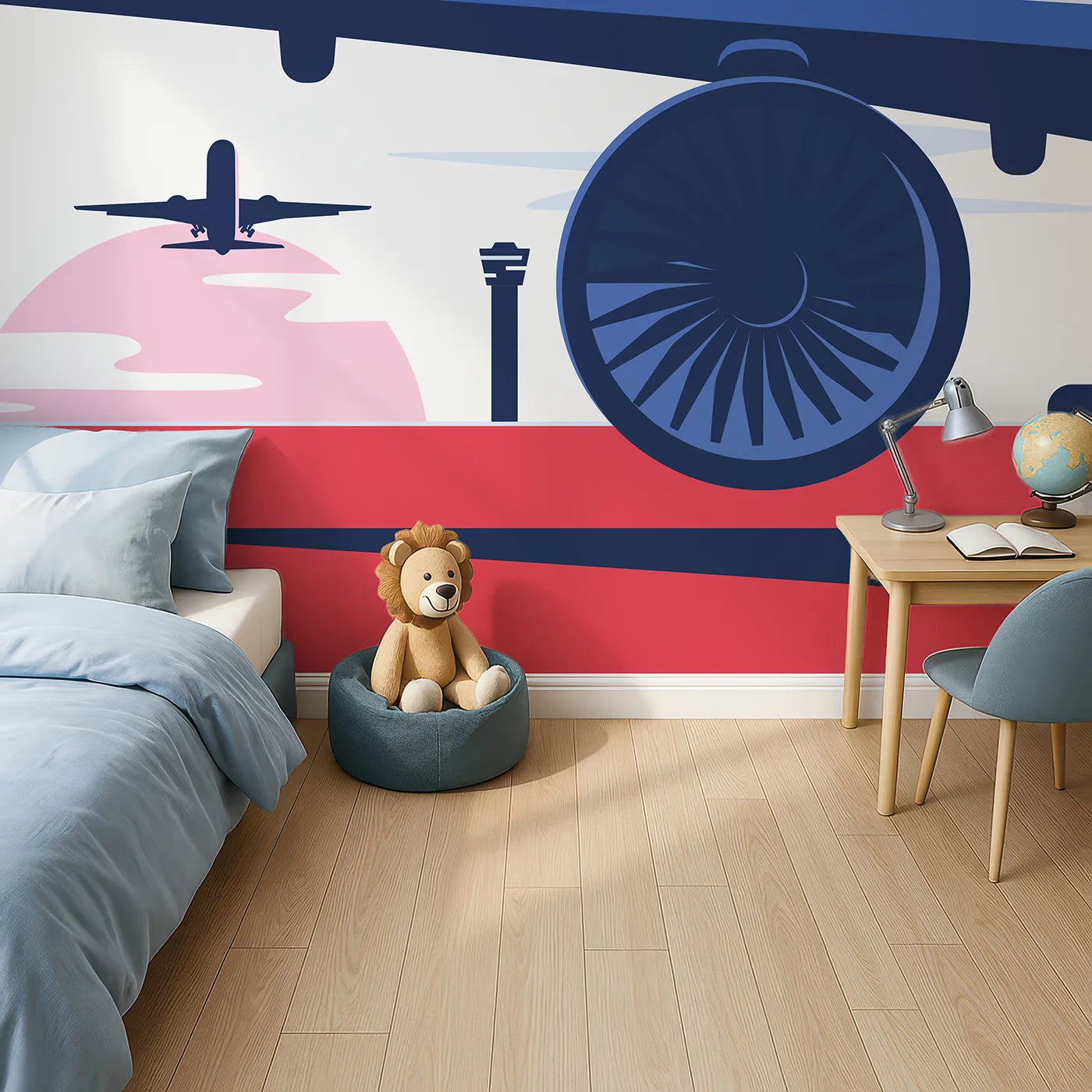 Top-down view of Whimsy Tots' Retro Airport View Wall Mural (Turn Their Room into a Cool, Graphic Travel Hub).Gender-Neutral