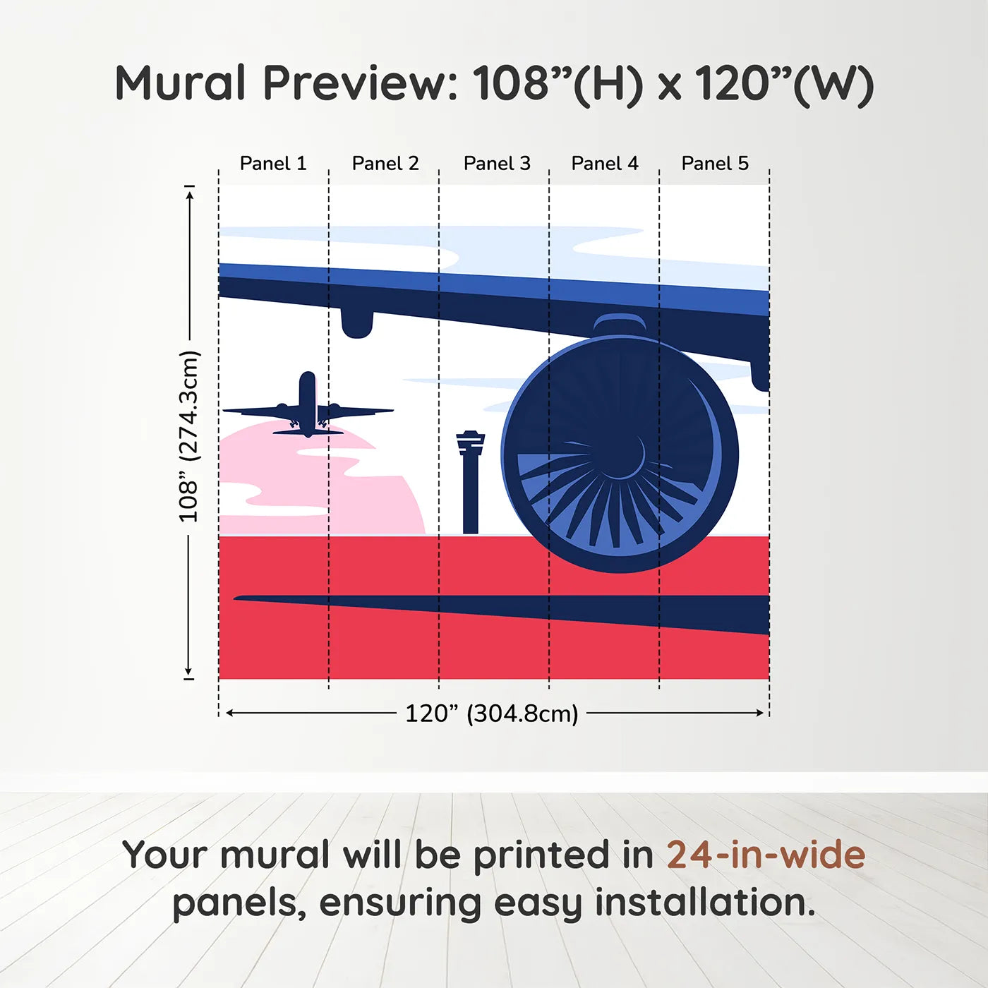 Whimsy Tots Retro Airport View Wall Muraldimension view (108" H x 120" W). Printed in five 24-inch-wide panels. Gender-Neutral