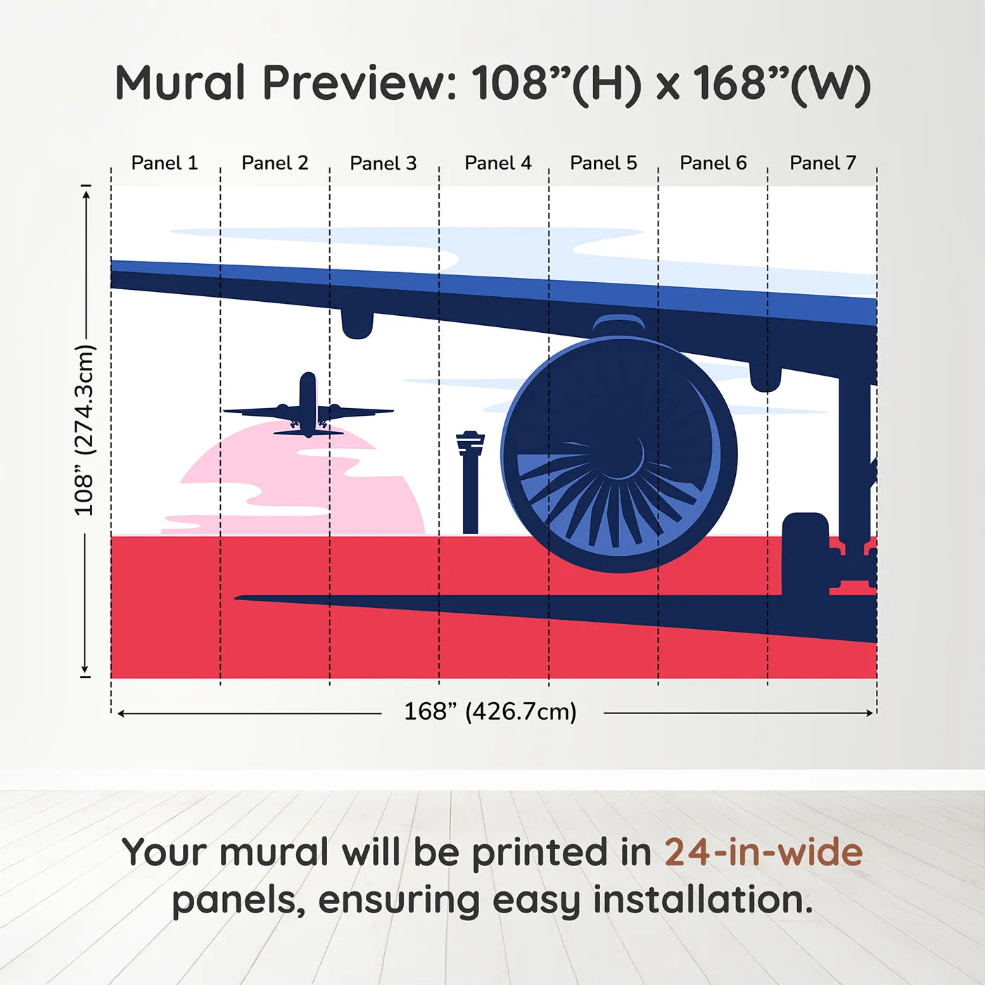 Whimsy Tots Retro Airport View Wall Muraldimension view (108" H x 168" W). Printed in seven 24-inch-wide panels. Gender-Neutral