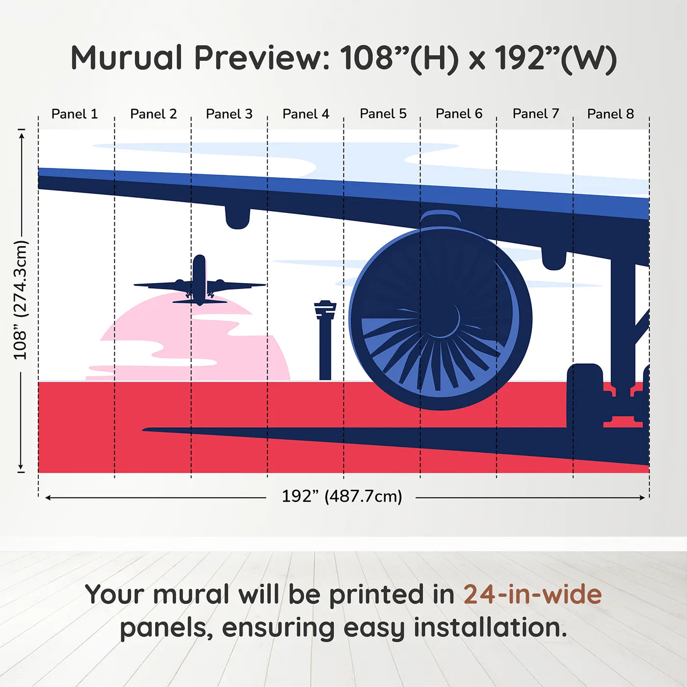 Whimsy Tots Retro Airport View Wall Muraldimension view (108" H x 192" W). Printed in eight 24-inch-wide panels. Gender-Neutral