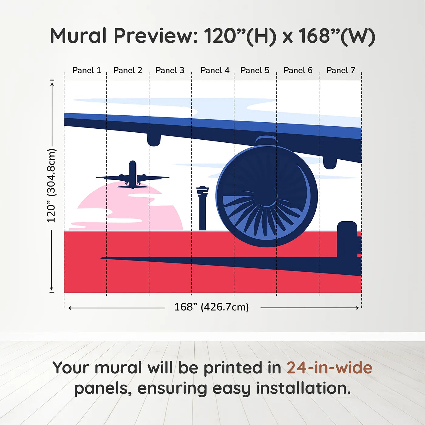 Whimsy Tots Retro Airport View Wall Muraldimension view (120" H x 168" W). Printed in seven 24-inch-wide panels. Gender-Neutral