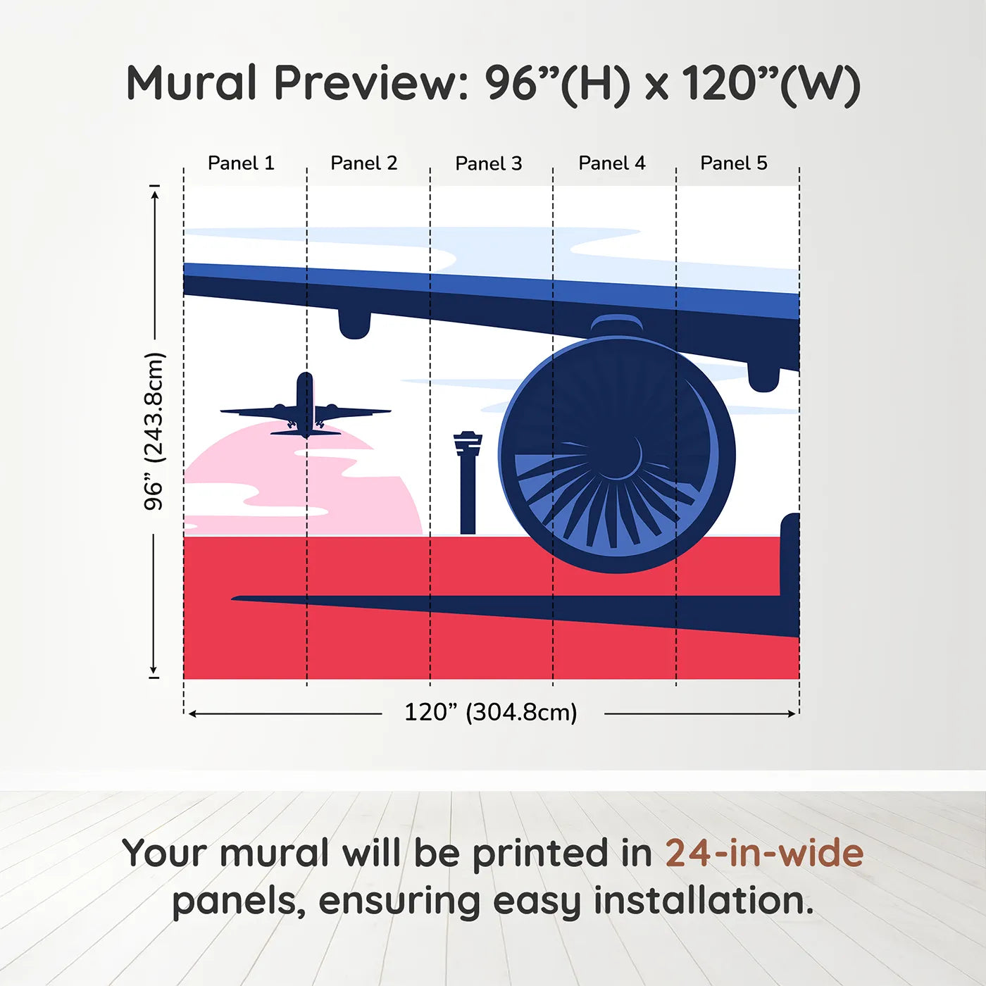 Whimsy Tots Retro Airport View Wall Muraldimension view (96" H x 120" W). Printed in five 24-inch-wide panels. Gender-Neutral