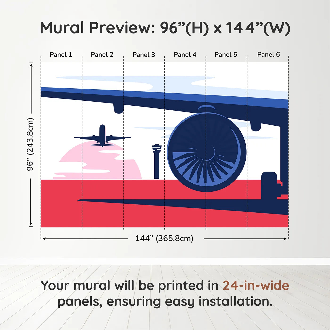 Whimsy Tots Retro Airport View Wall Muraldimension view (96" H x 144" W). Printed in six 24-inch-wide panels. Gender-Neutral
