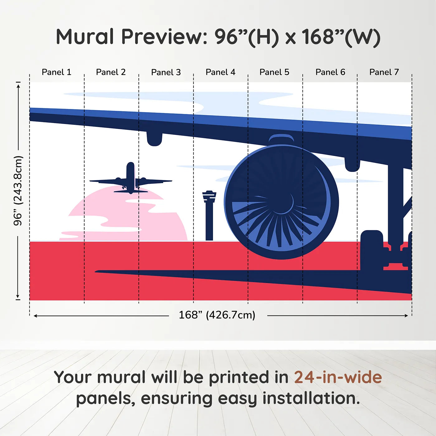 Whimsy Tots Retro Airport View Wall Muraldimension view (96" H x 168" W). Printed in seven 24-inch-wide panels. Gender-Neutral